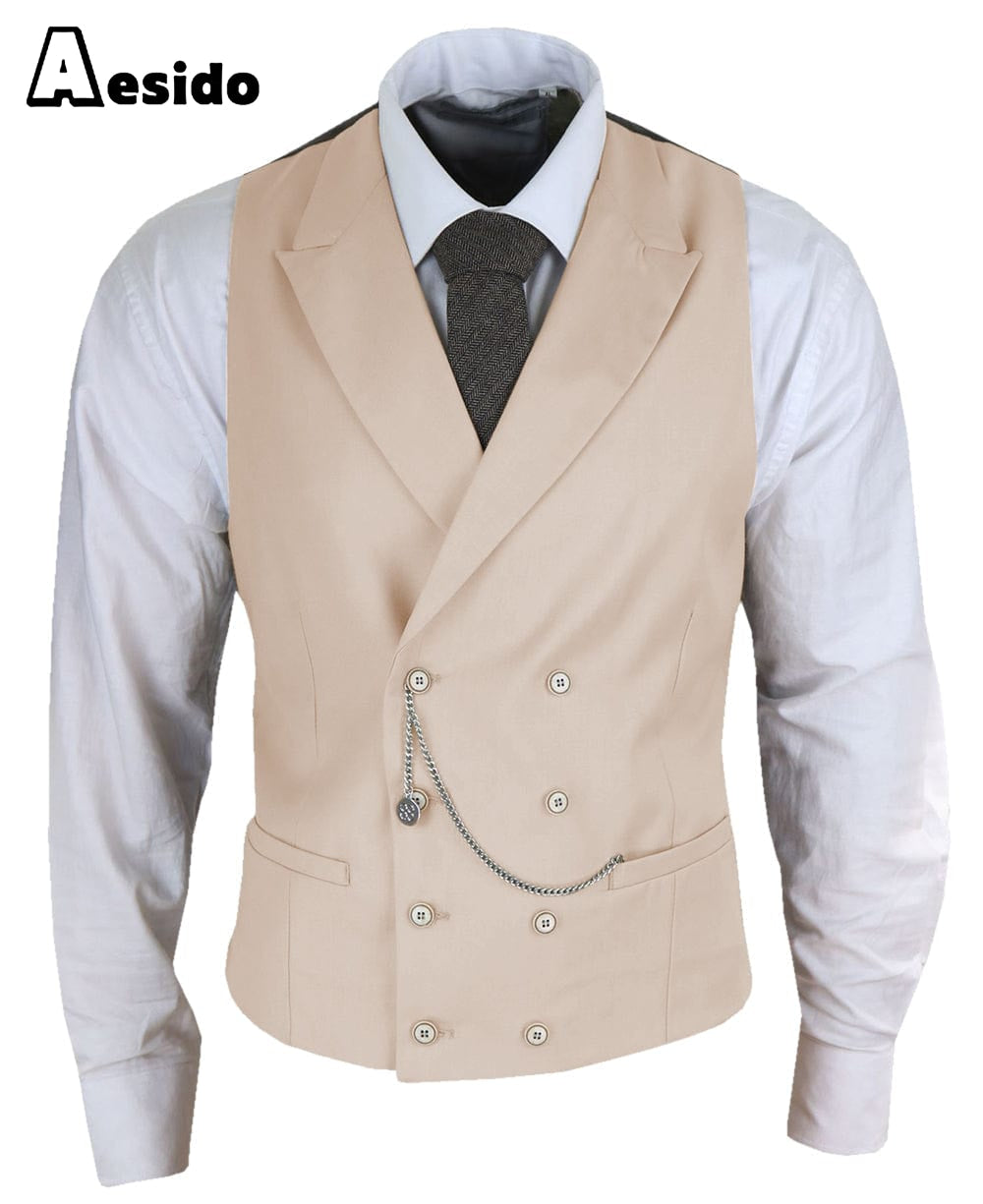 aesido Men's Double Breasted Peak Lapel Waistcoat