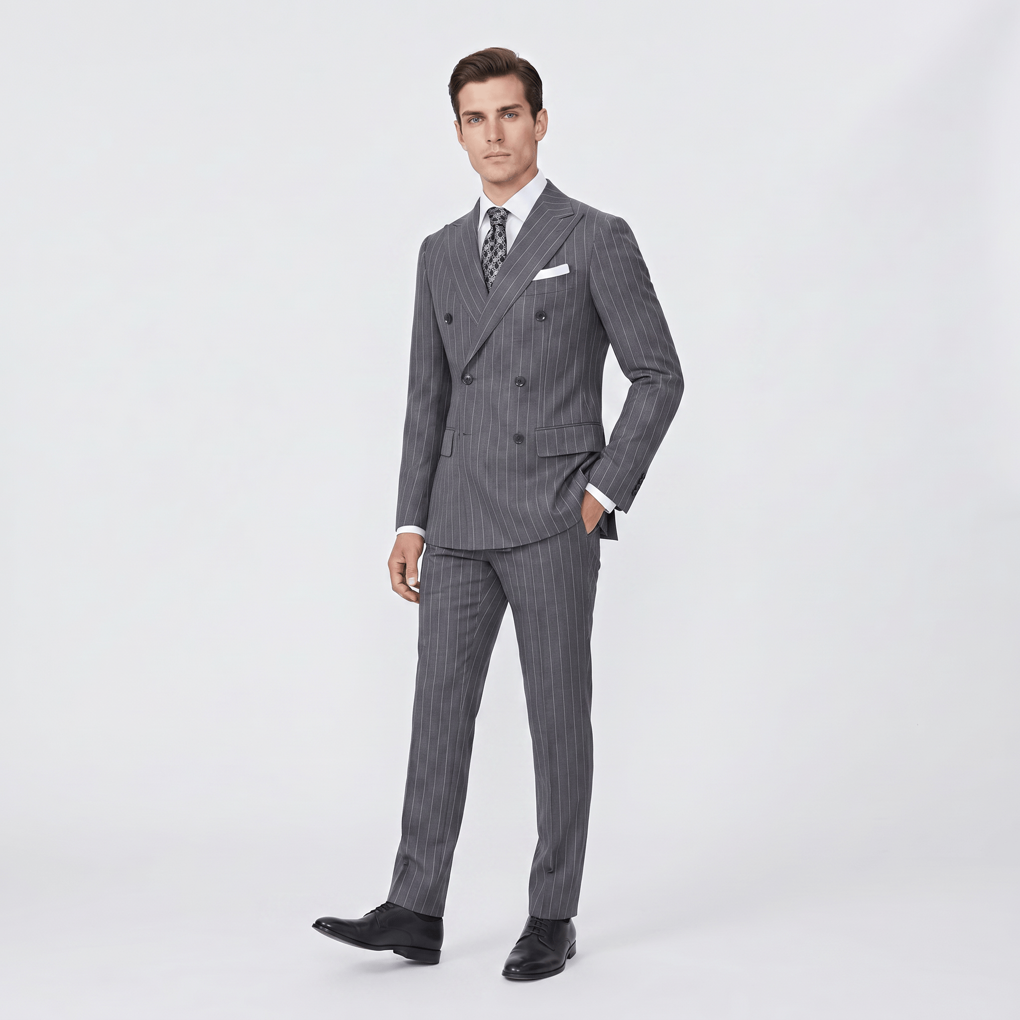 aesido Men’s Grey Pinstripe Double-Breasted Suit Set – Blazer & Pants