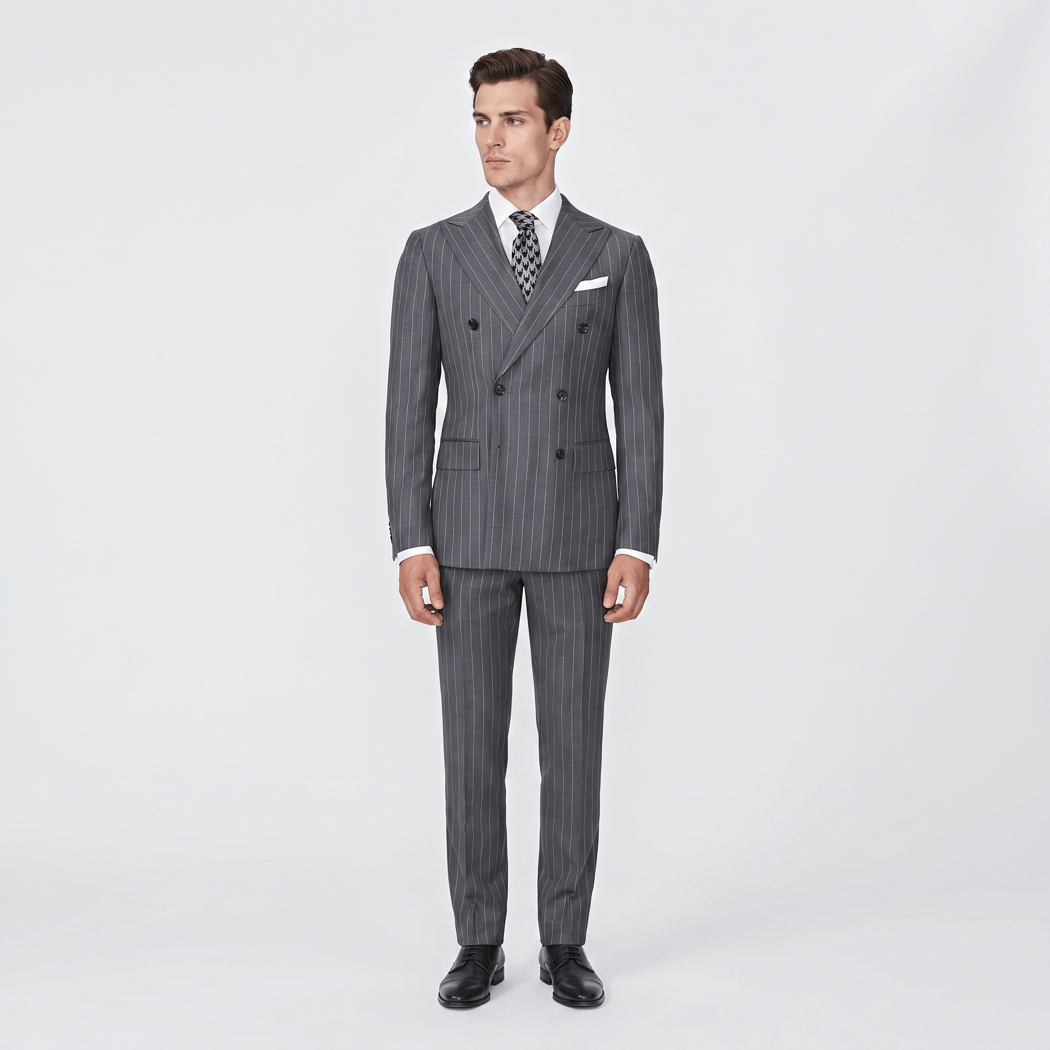 aesido Men’s Grey Pinstripe Double-Breasted Suit Set – Blazer & Pants