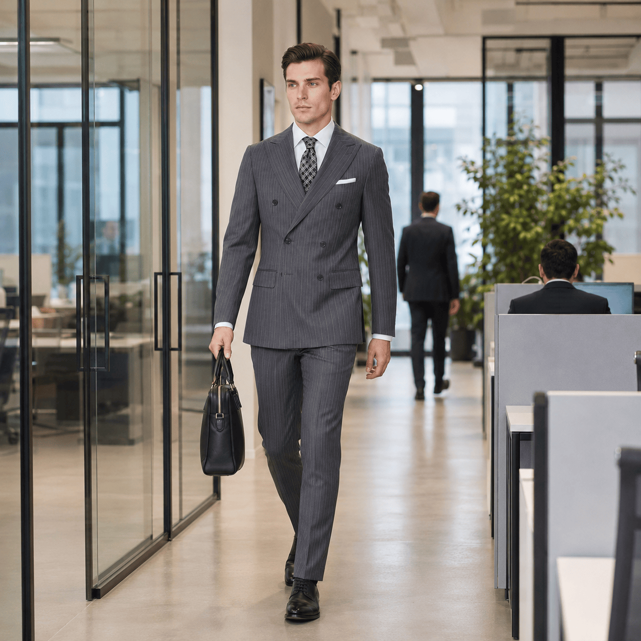 aesido Men’s Grey Pinstripe Double-Breasted Suit Set – Blazer & Pants
