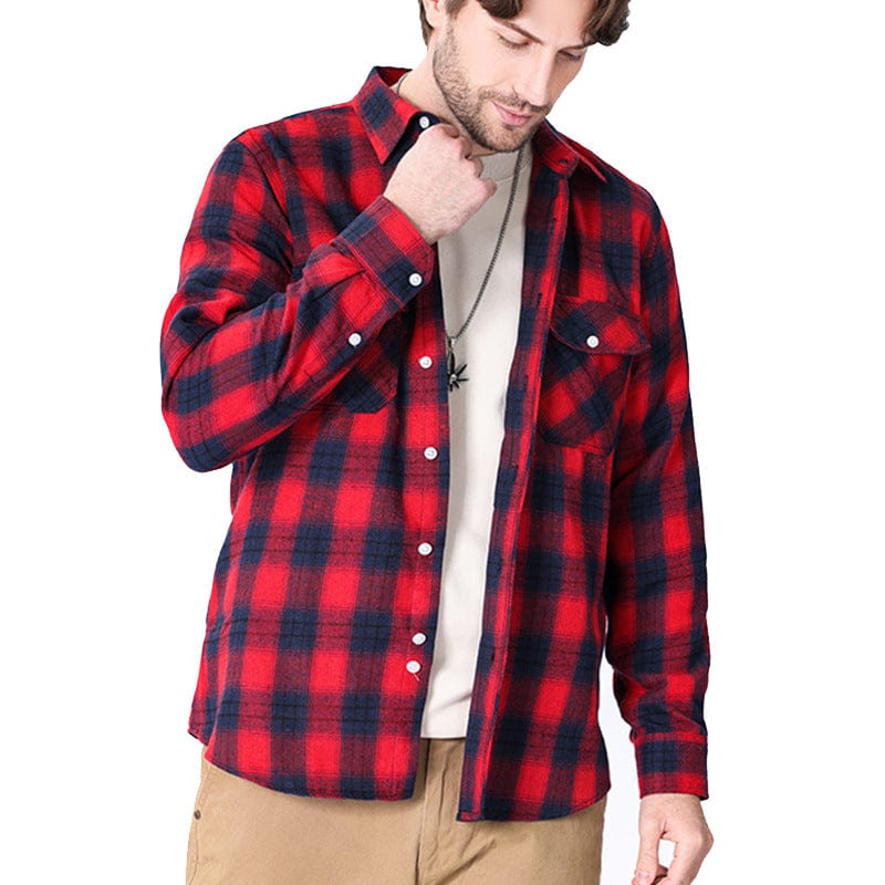 aesido Men's Long Sleeve Double Pocket Flannel Plaid Shirt