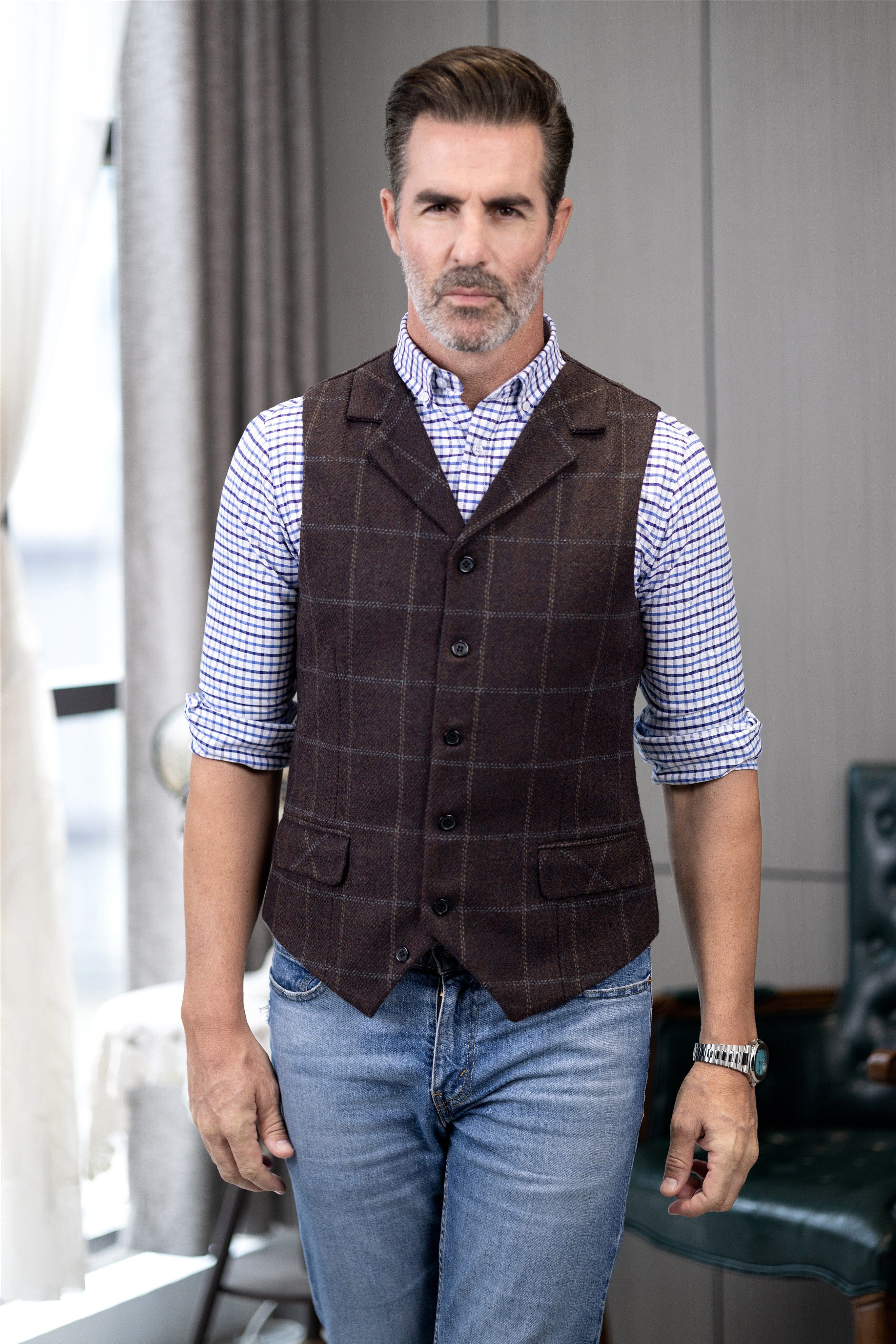 Men's Plaid Single Breasted Notch Lapel Casual Vest Royal Blue / S Men's Plaid Single Breasted Notch Lapel Casual Vest Royal Blue / S
