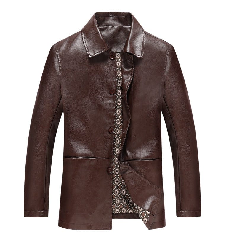 Men's Plus Size Leather Jacket with Turn-Down Collar for