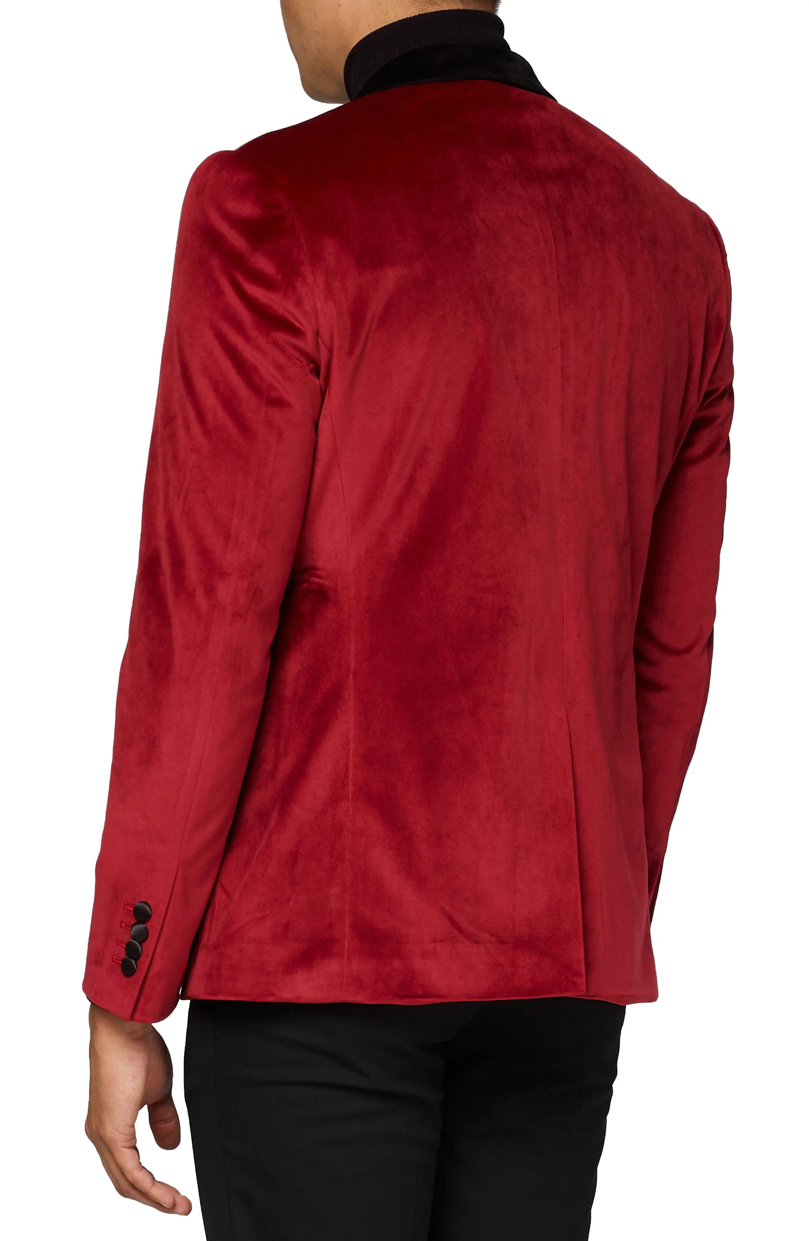 aesido Men's Red Velvet Blazer with Black Satin Shawl Lapel