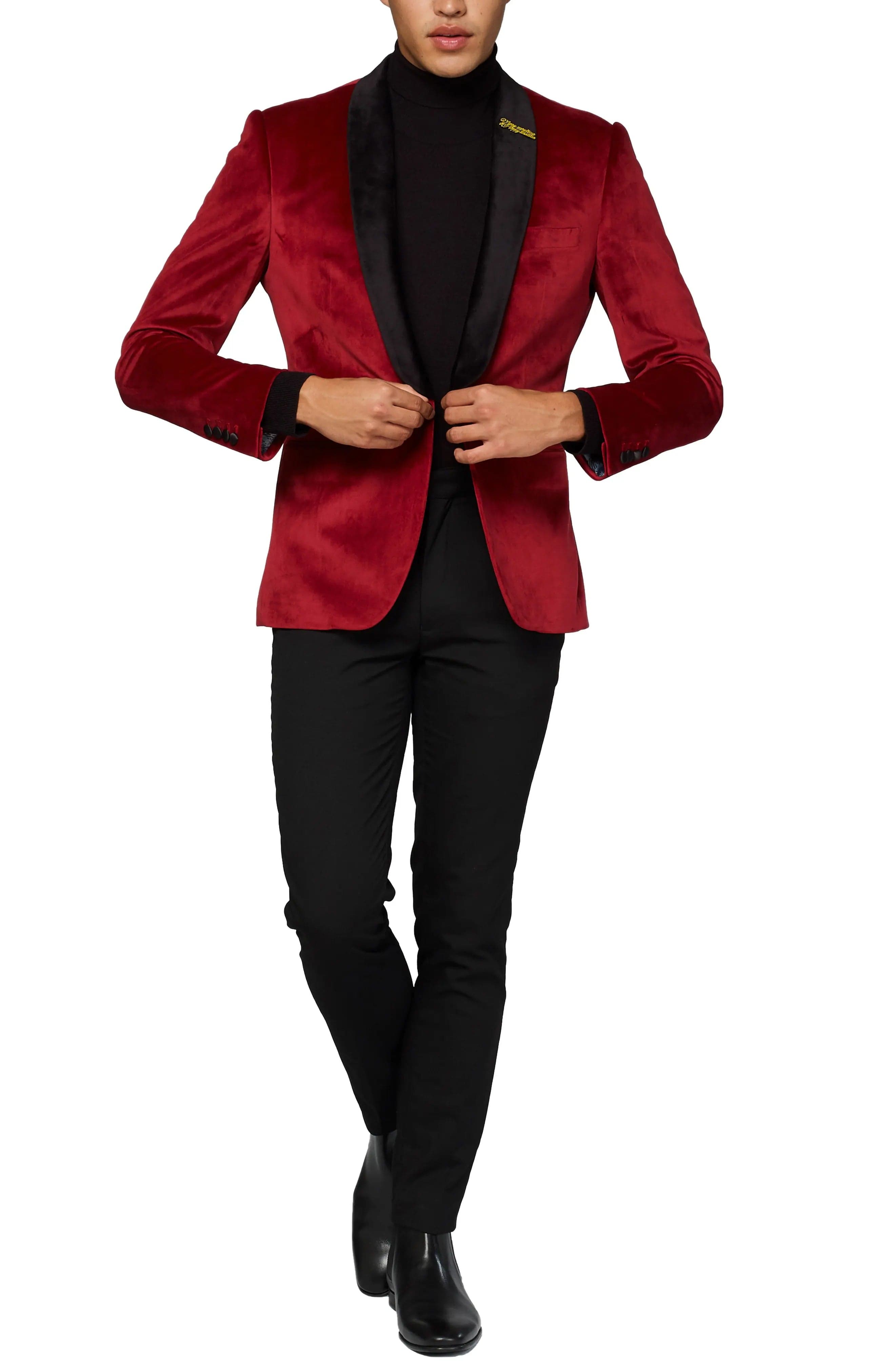 aesido Men's Red Velvet Blazer with Black Satin Shawl Lapel