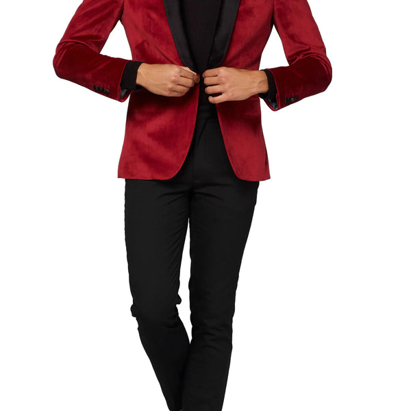 open lace back dress Men's Red Velvet Blazer with Black Satin Shawl Lapel Red / 50R