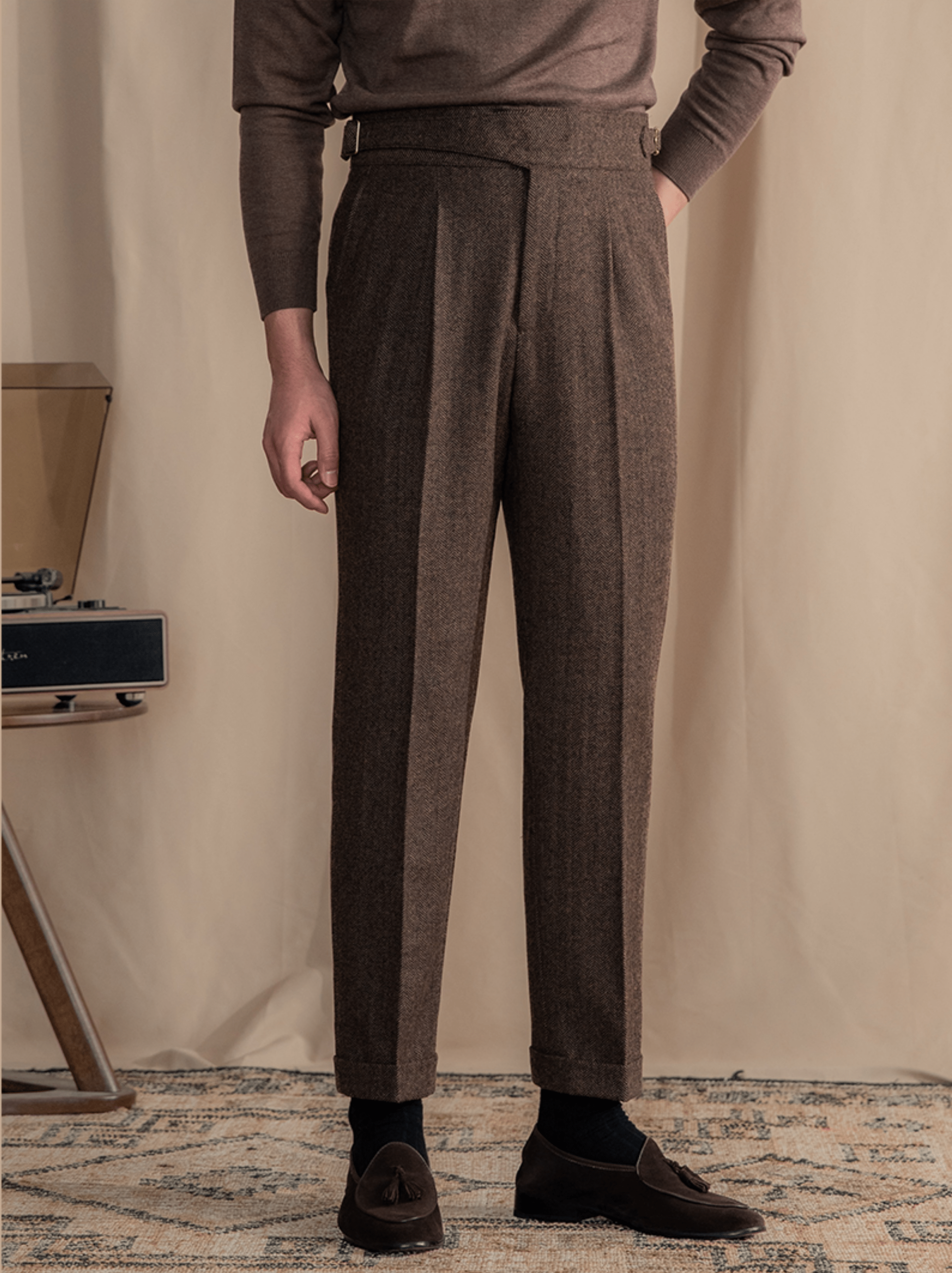 Men's Retro Herringbone Casual High Rise Straight Leg Pants Coffee / 36W X 32L Men's Retro Herringbone Casual High Rise Straight Leg Pants Coffee / 36W X 32L