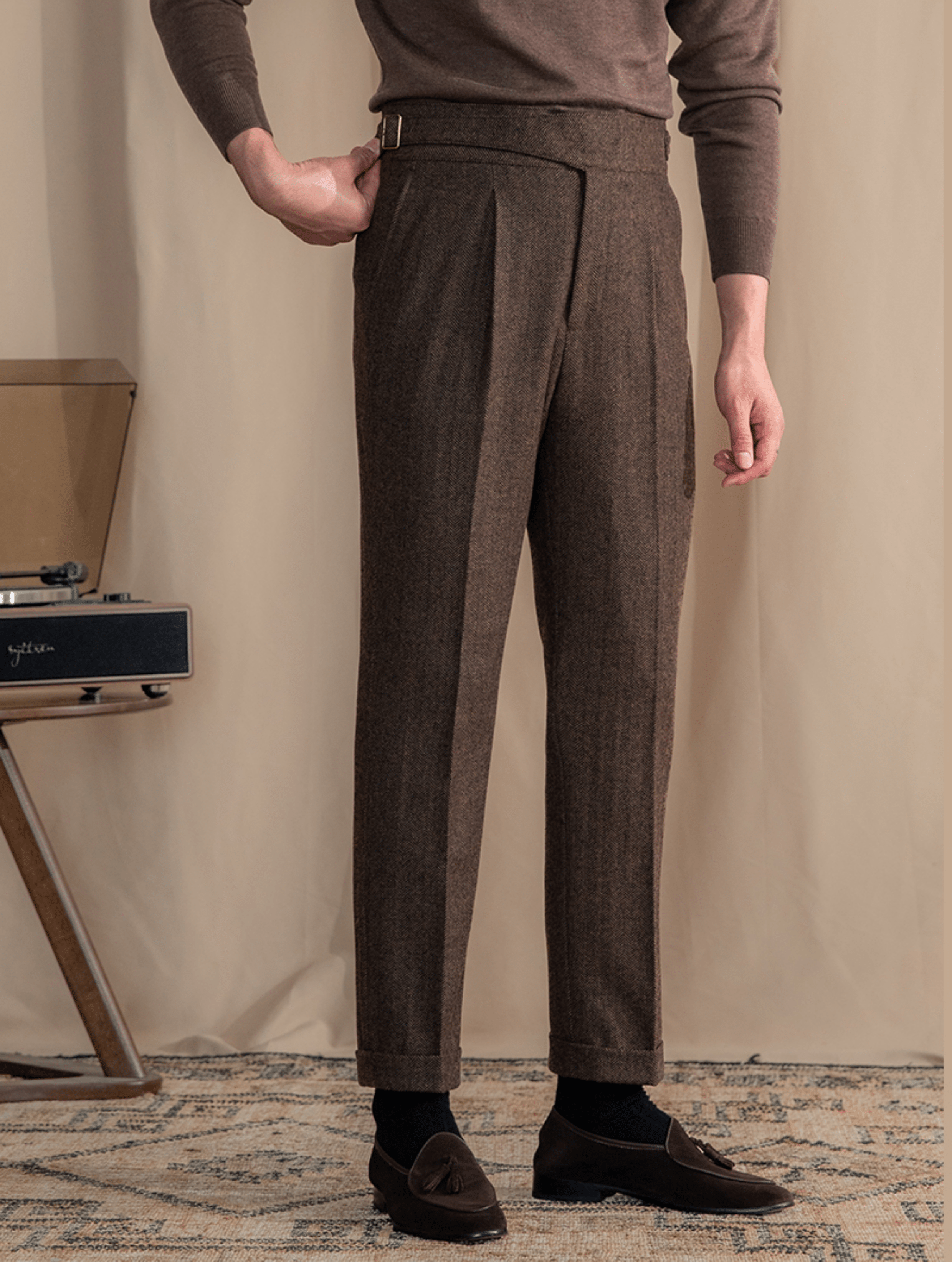 Men's Retro Herringbone Casual High Rise Straight Leg Pants Coffee / 36W X 32L Men's Retro Herringbone Casual High Rise Straight Leg Pants Coffee / 36W X 32L