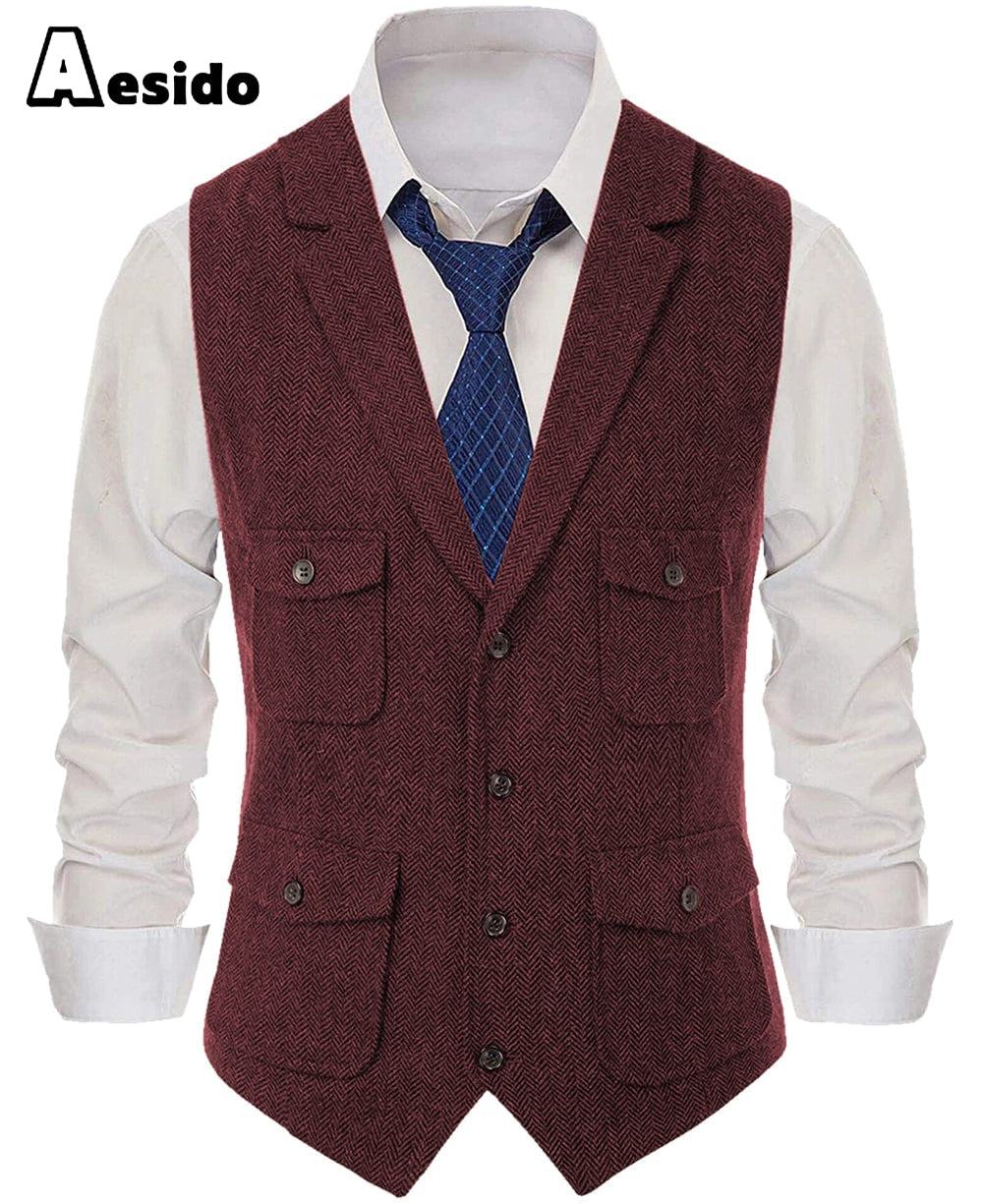 Aesido Men's Herringbone Wool Blend Waistcoat Single Breasted $99