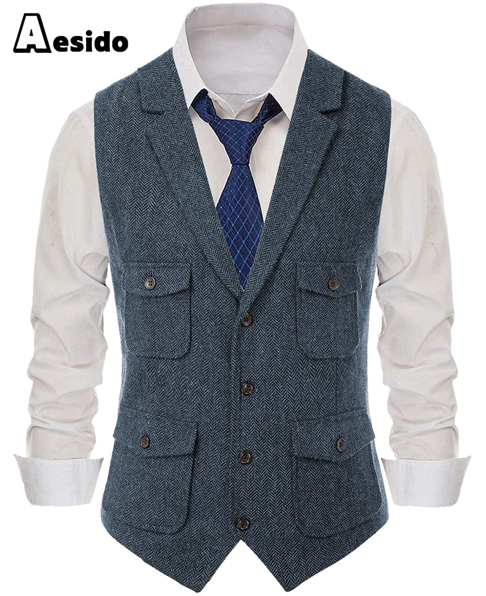 Aesido Men's Herringbone Wool Blend Waistcoat Single Breasted $49