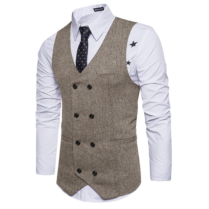 aesido Men's Solid Color Vest Double Breasted V Neck Business Casual Tweed Waistcoat
