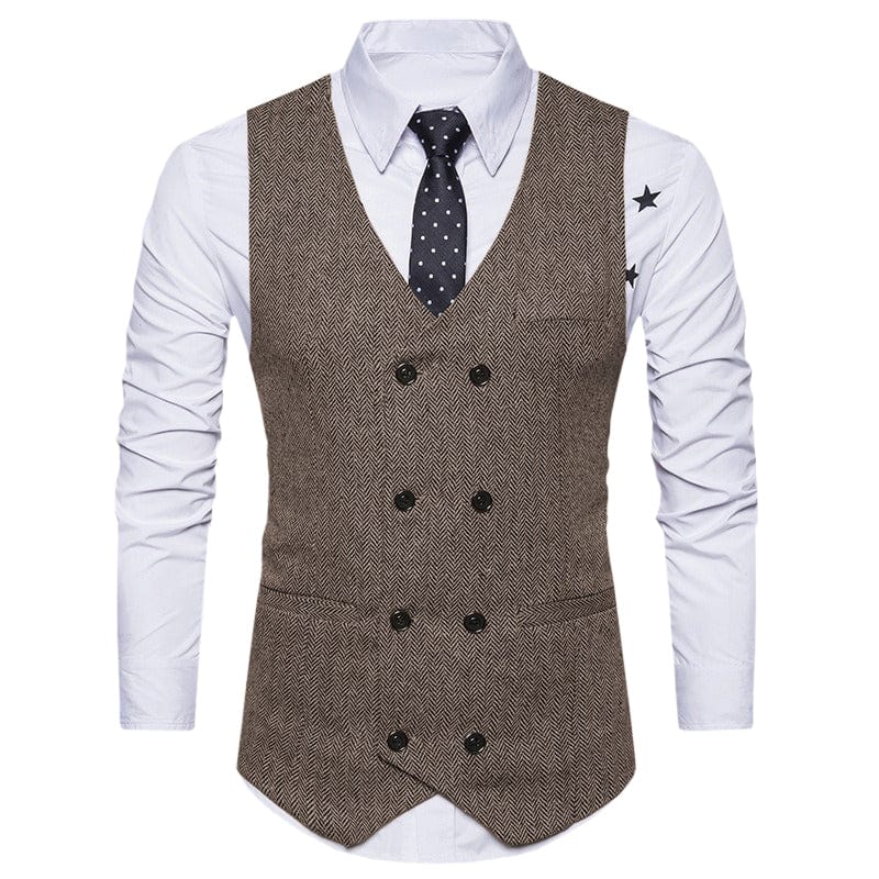 aesido Men's Solid Color Vest Double Breasted V Neck Business Casual Tweed Waistcoat