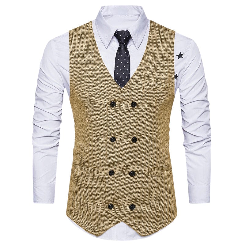 aesido Men's Solid Color Vest Double Breasted V Neck Business Casual Tweed Waistcoat