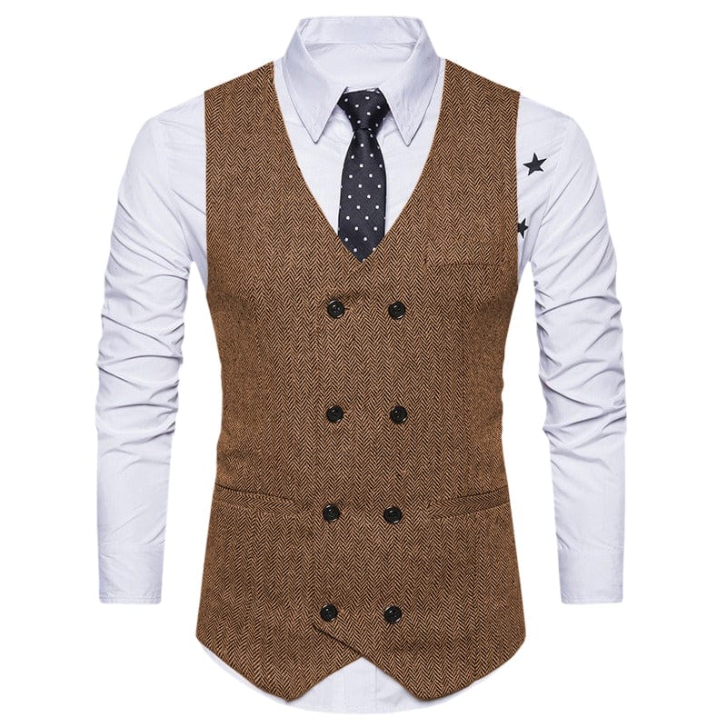 aesido Men's Solid Color Vest Double Breasted V Neck Business Casual Tweed Waistcoat
