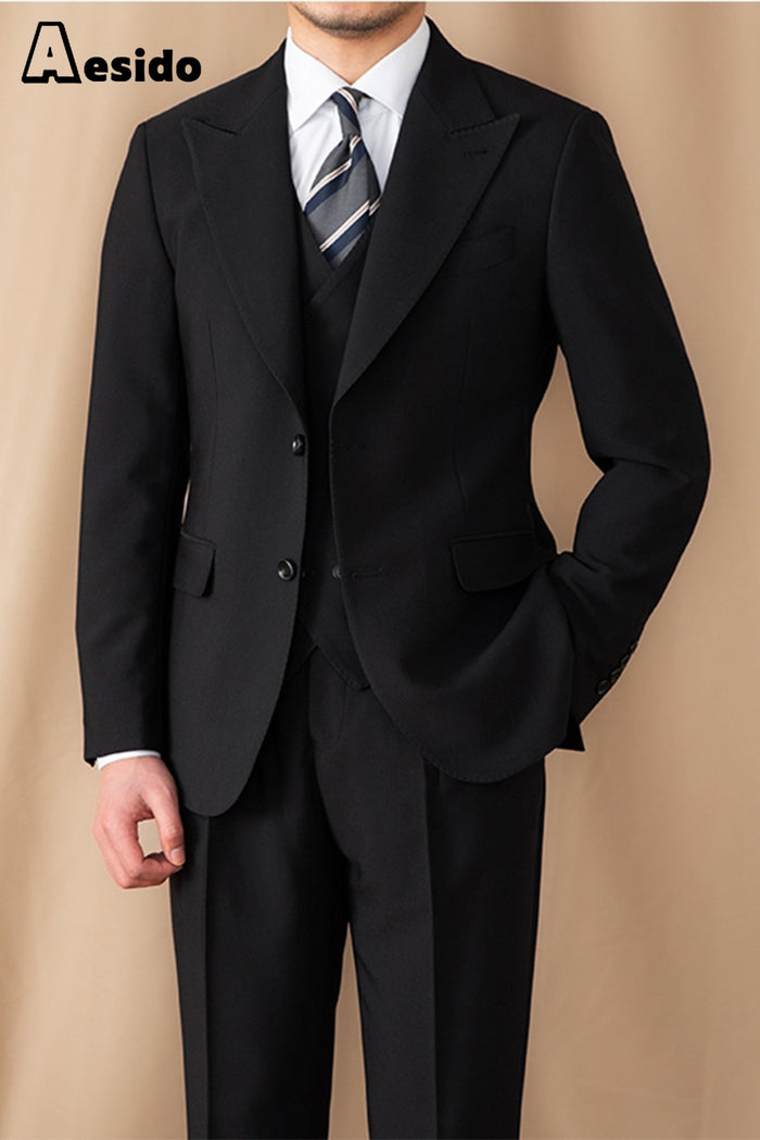 Men's Black Wide Lapel 3 Piece Denim Peak Lapel Pleated Pants Vested Jean Fashion Suit main image 0