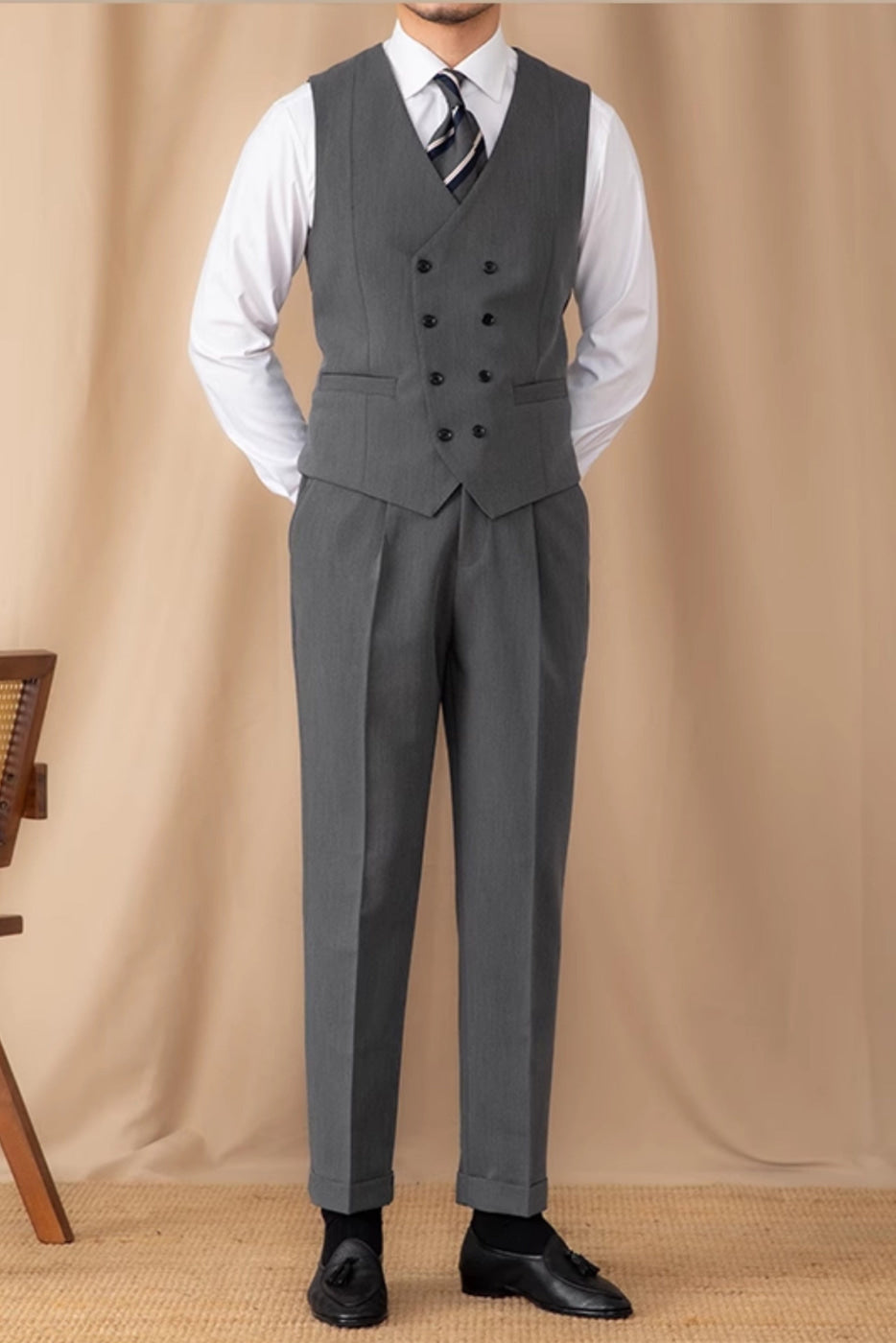 Aesido Grey 3 Piece Business Casual Peak Lapel Men's Suit (Blazer+Vest+Pants) Grey / 36R Aesido Grey 3 Piece Business Casual Peak Lapel Men's Suit (Blazer+Vest+Pants) Grey / 36R
