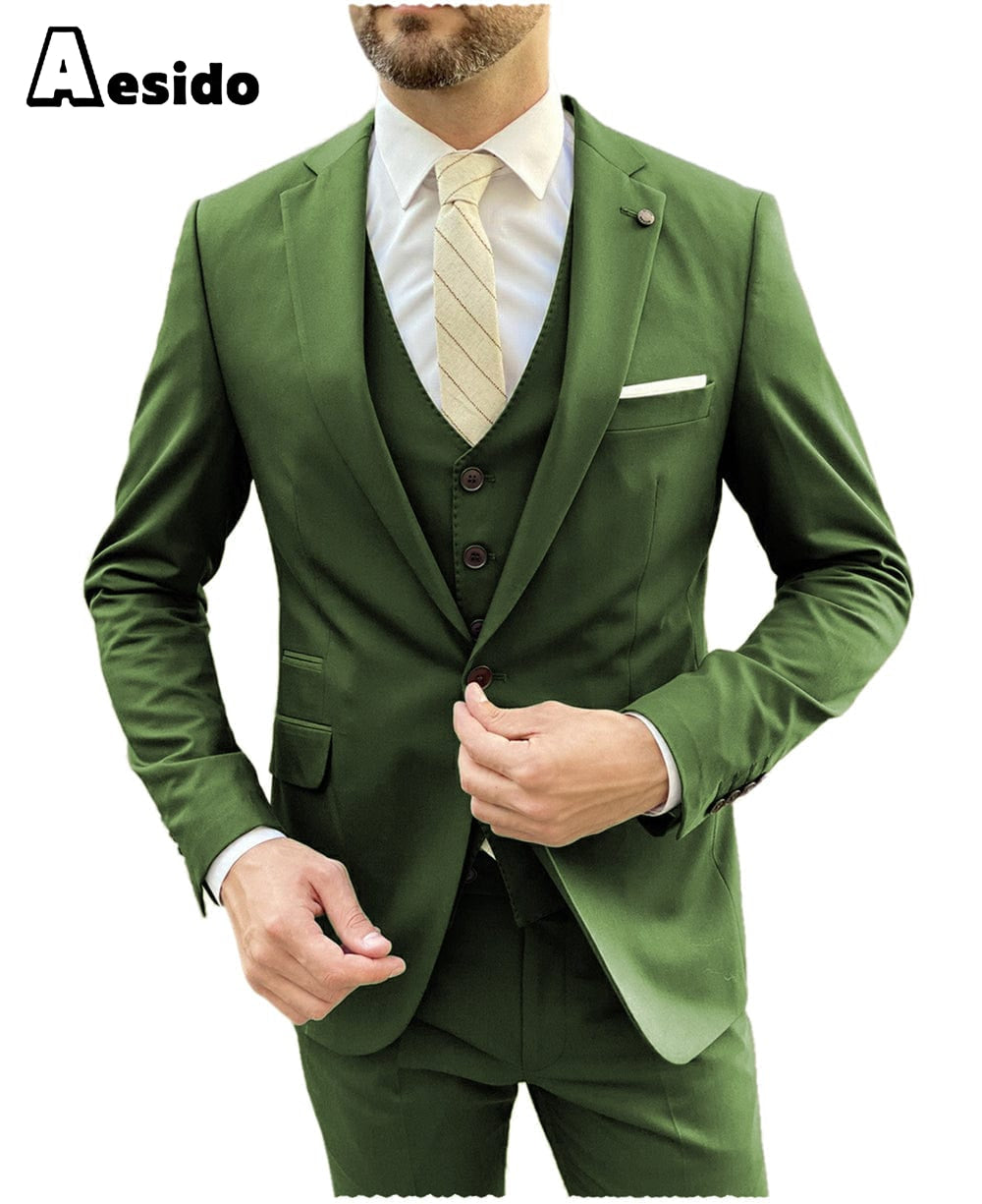 Men's Suit 3 Pieces Single Buttons Notch Lapel Jacket(Blazer+Vest+Pants) | Aesido Olive Green / 36R Men's Suit 3 Pieces Single Buttons Notch Lapel Jacket(Blazer+Vest+Pants) | Aesido Olive Green / 36R