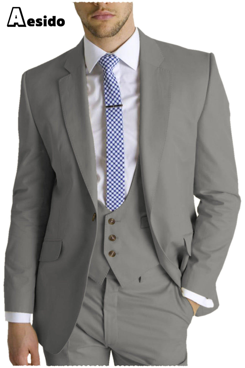 aesido Men's Suit 3 Pieces Single Buttons Notch Lapel Jacket（Blazer+Vest+Pants）