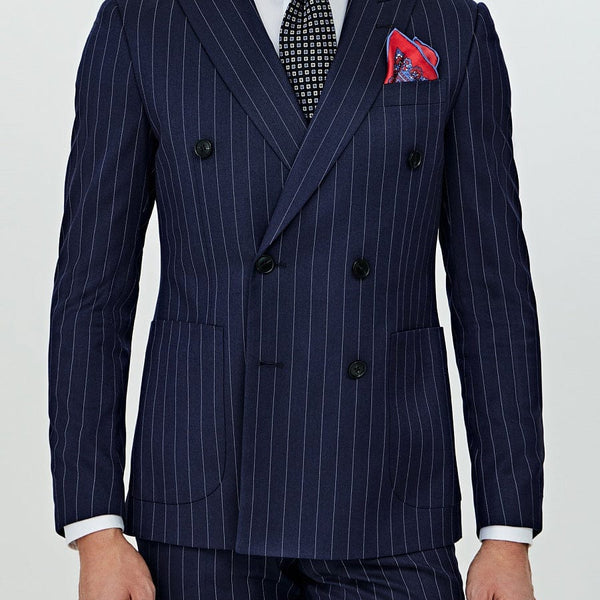 Aesido Men's Navy Striped Double-Breasted 2-Piece Suit
