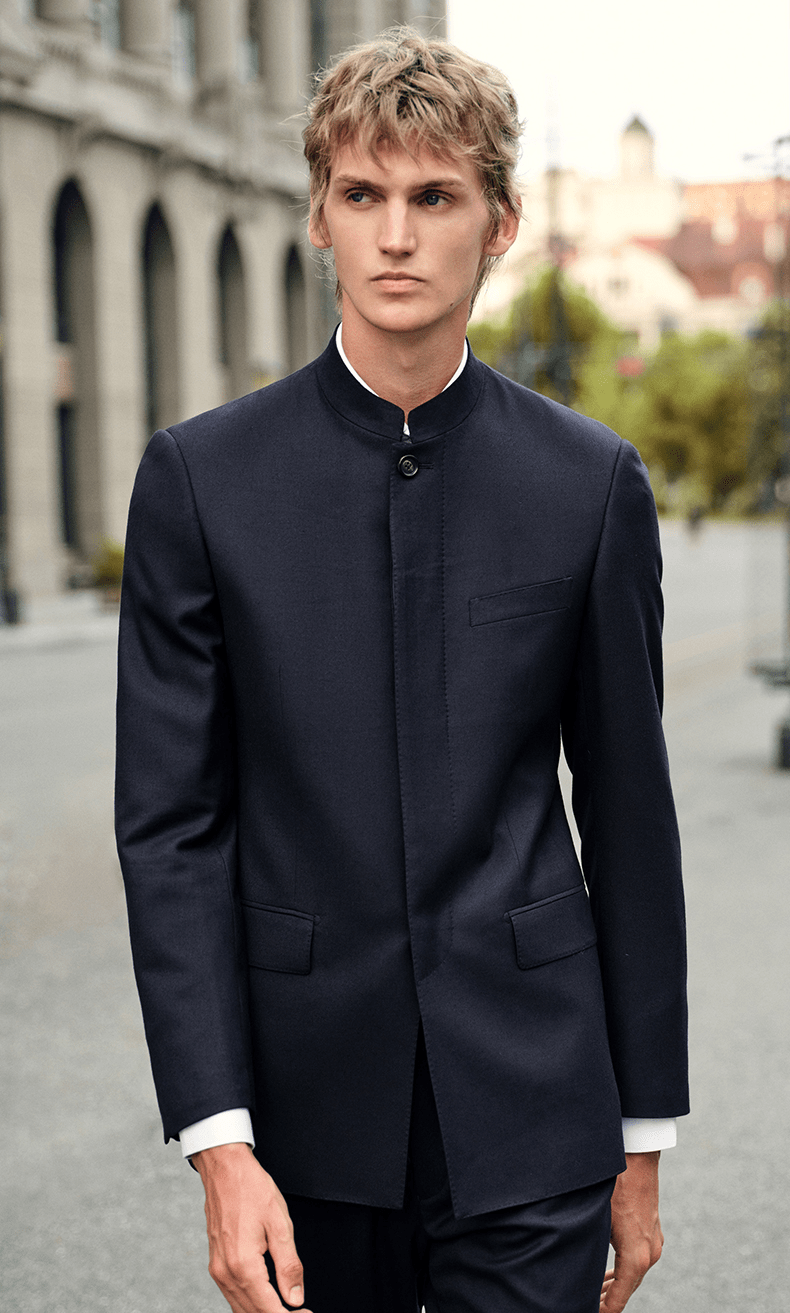 Men's Navy Blue Stand Collar Suit Set Hidden Single Breasted, Blazer Men's Navy Blue Stand Collar Suit Set Hidden Single Breasted, Blazer
