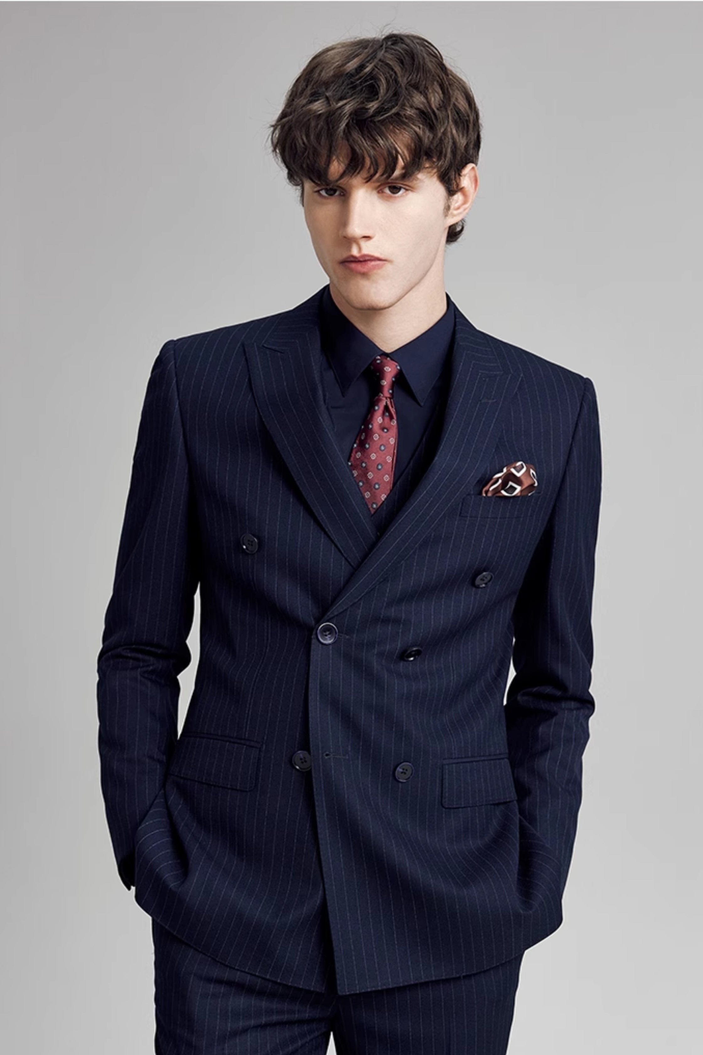 aesido Navy 3 Piece Double Breasted Business Slim Fit Men's Striped Suit Groom Wedding Dress