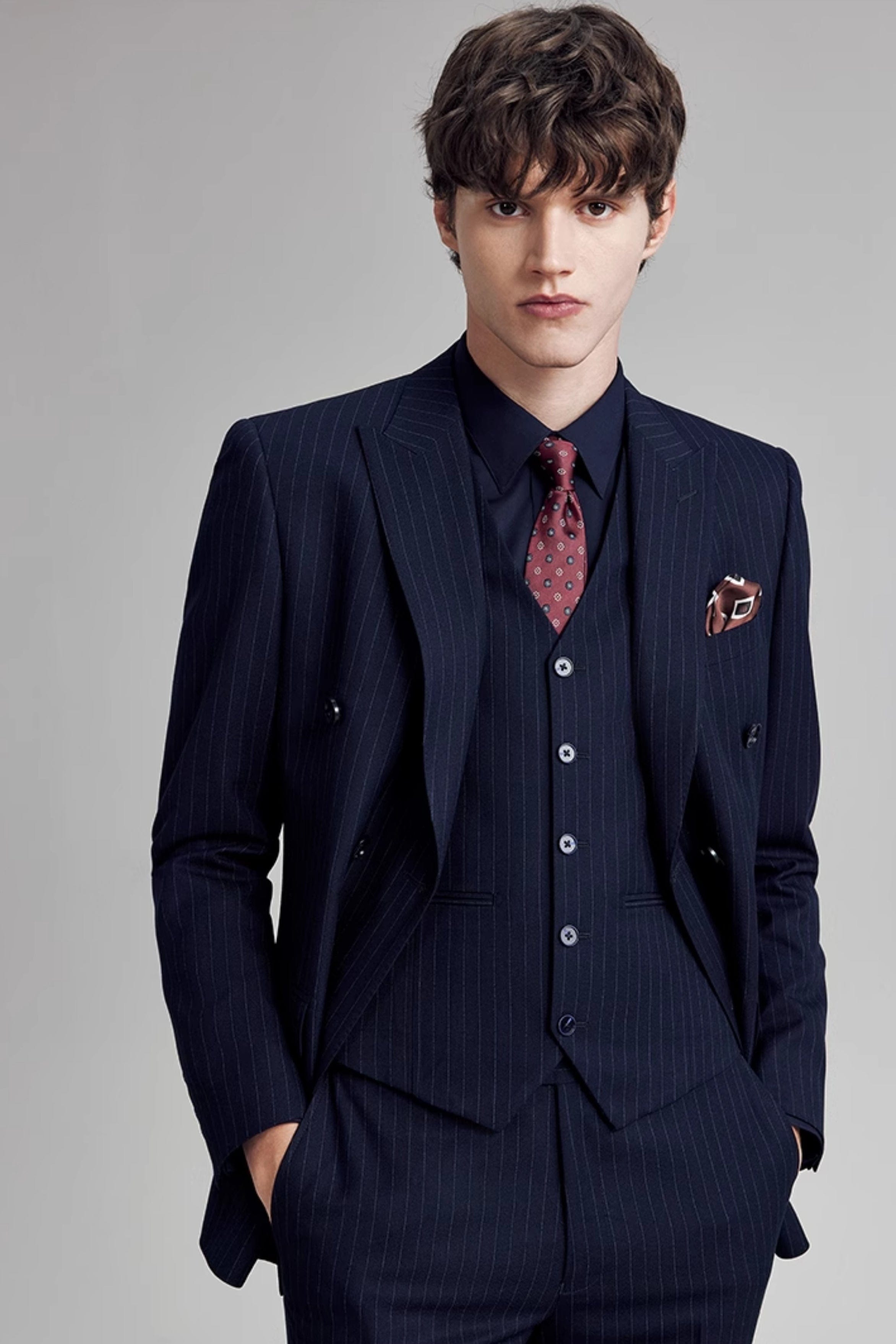 aesido Navy 3 Piece Double Breasted Business Slim Fit Men's Striped Suit Groom Wedding Dress