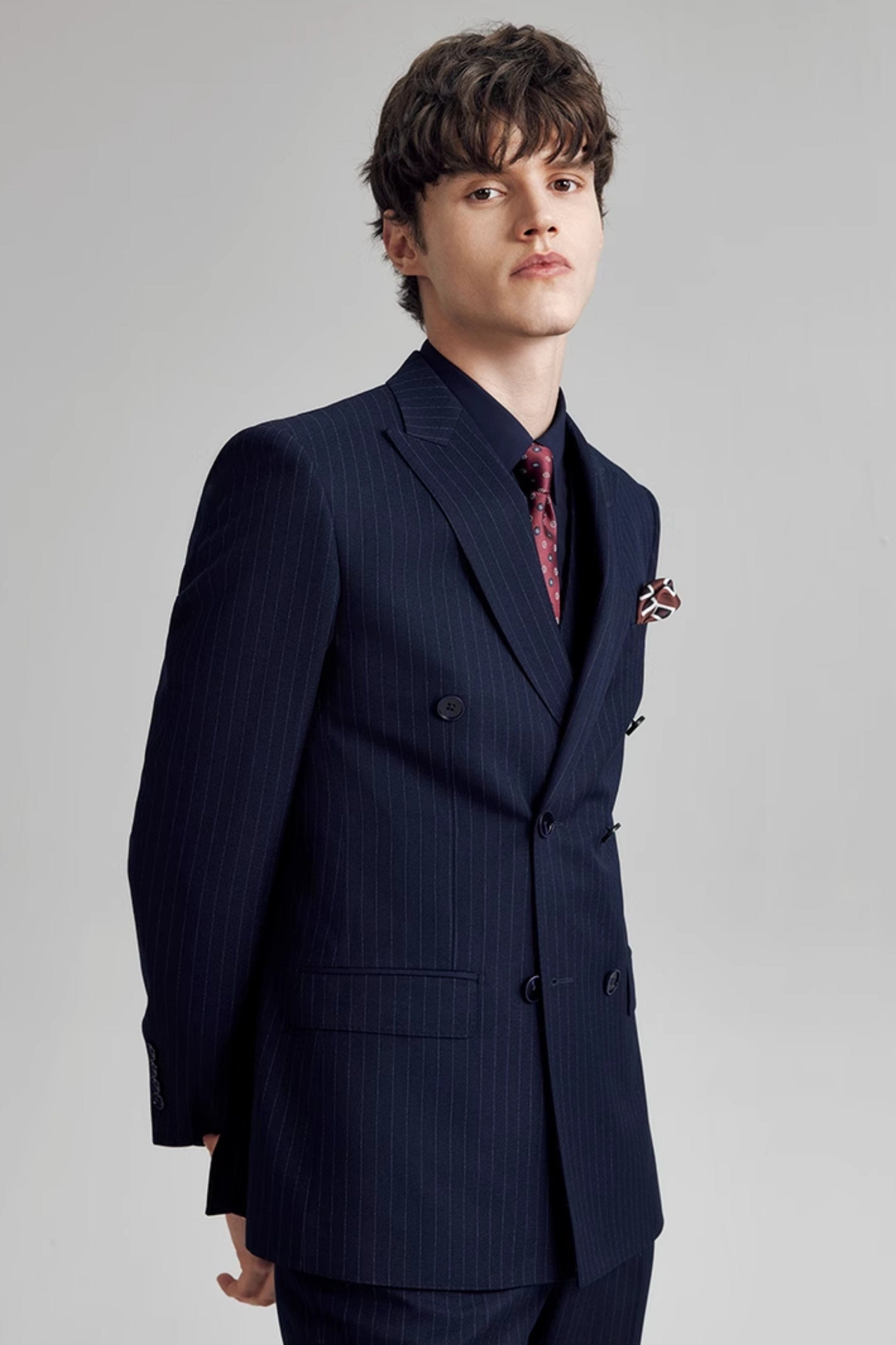 aesido Navy 3 Piece Double Breasted Business Slim Fit Men's Striped Suit Groom Wedding Dress