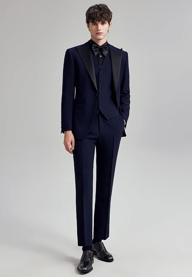 Navy 3 Piece Men's Suit Peak Lapel Single Breasted Groom Wedding Dress Navy / 44R Navy 3 Piece Men's Suit Peak Lapel Single Breasted Groom Wedding Dress Navy / 44R