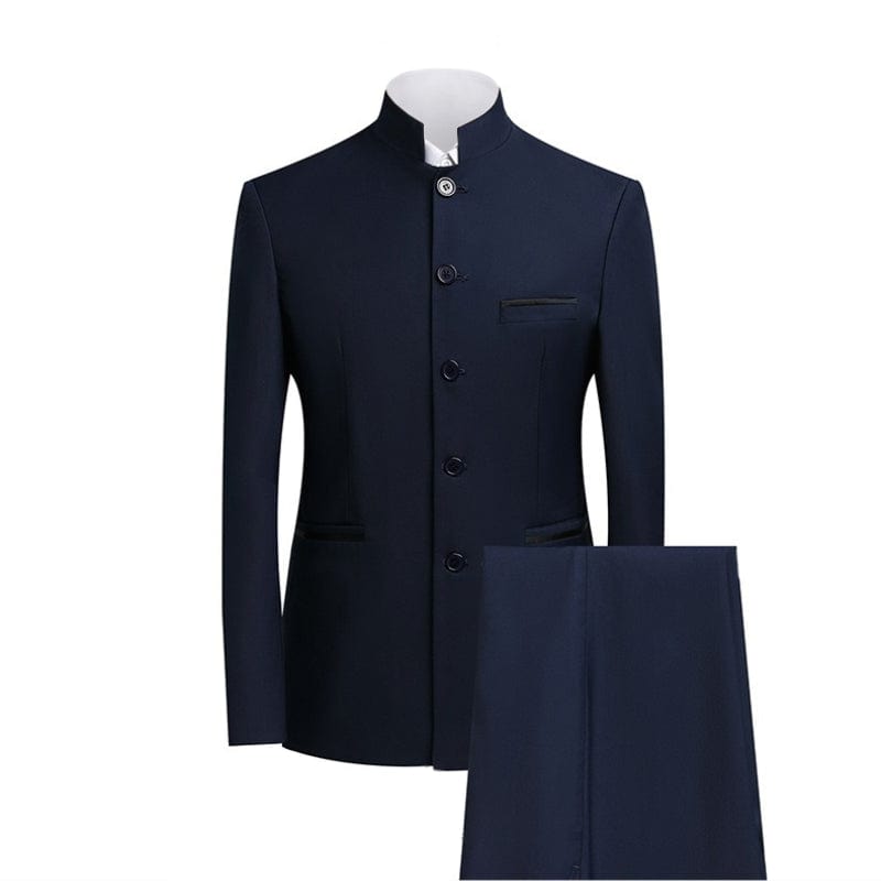aesido Navy Men's Plus Size Solid Color Slim Fit Two-Piece Zhongshan Suit
