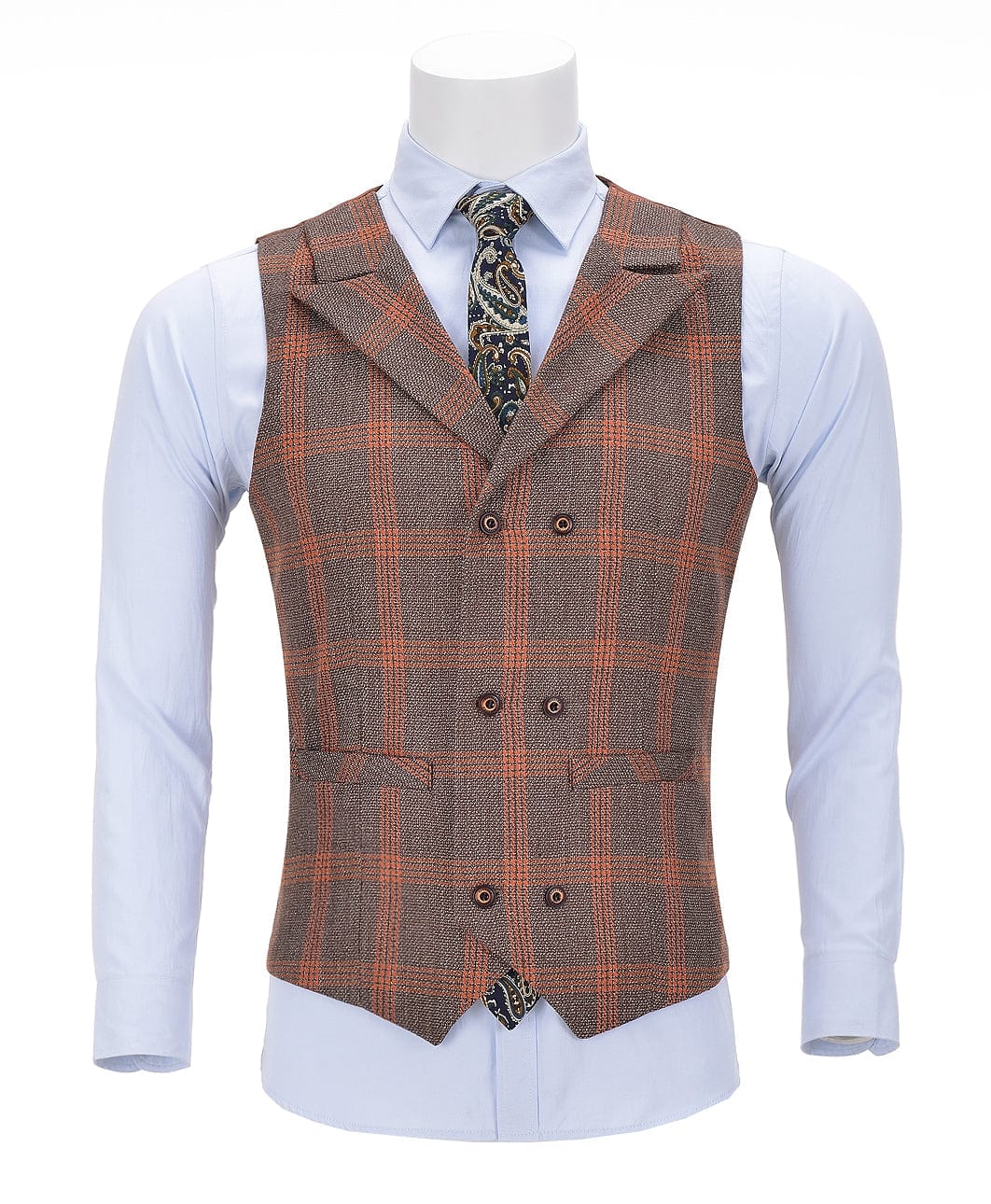 aesido Orange Plaid Peak Lapel Waistcoat Casual Slim Fit Suit Vest