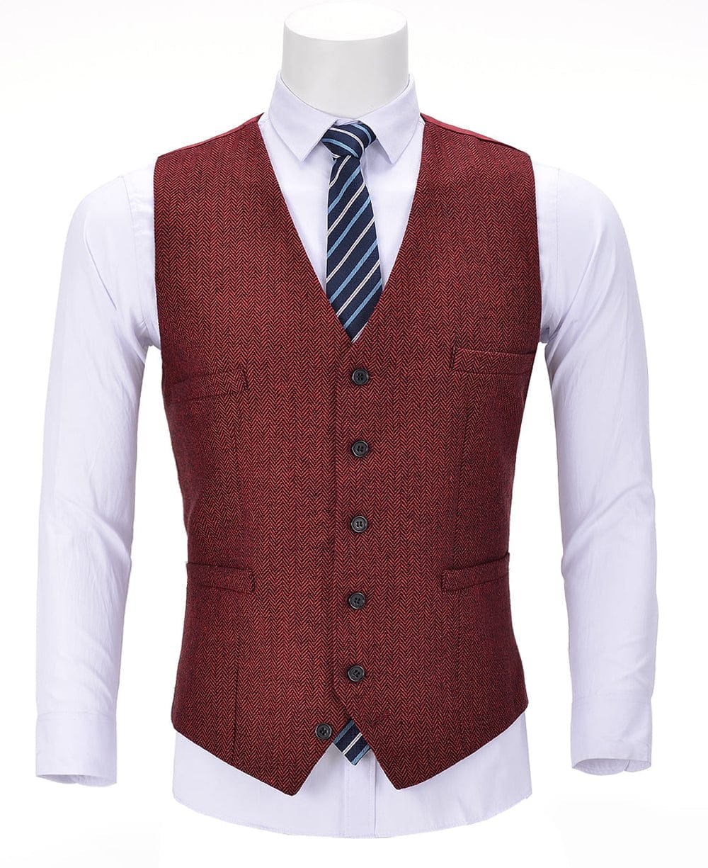 aesido Red Herringbone V Neck Waistcoat