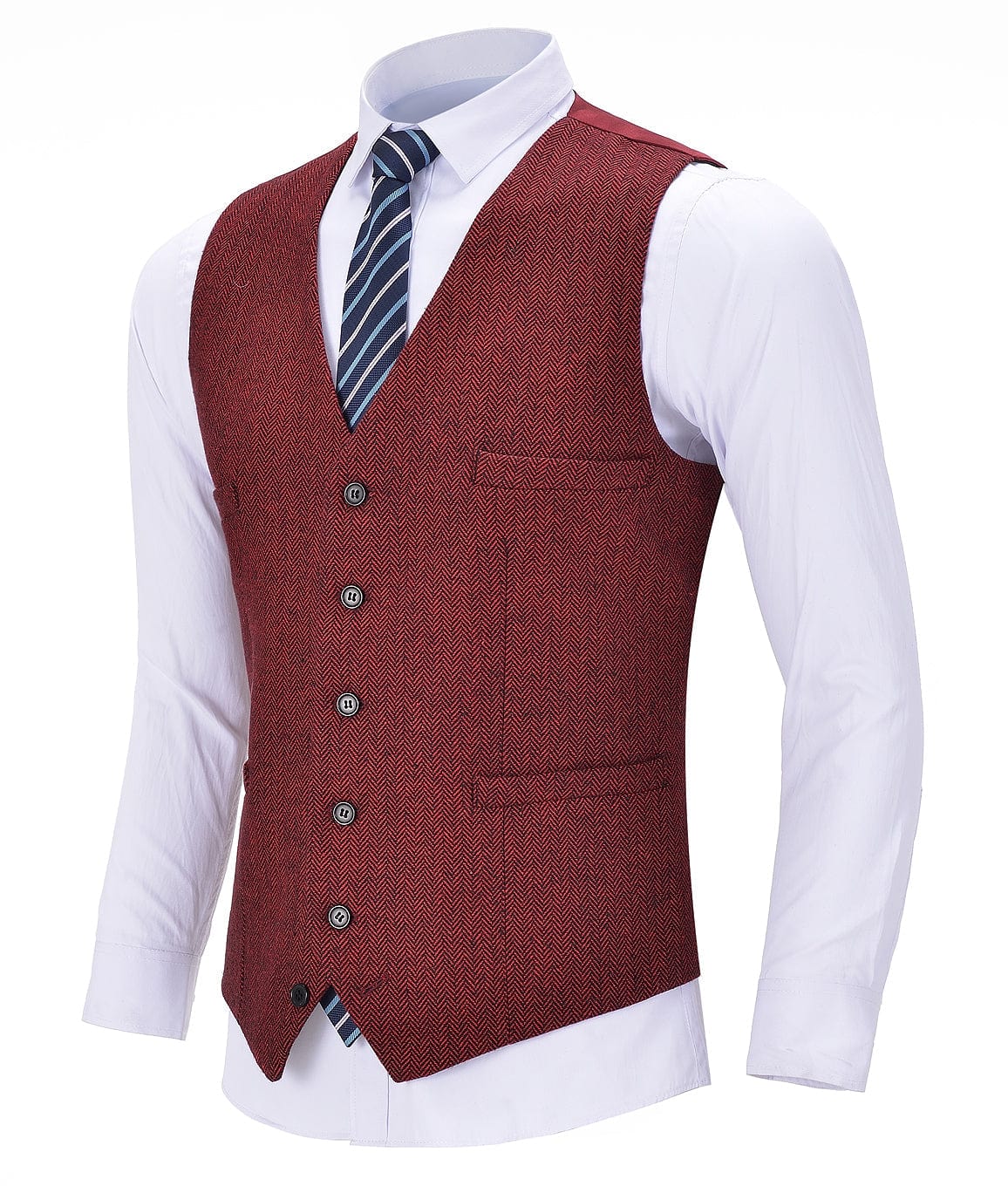 aesido Red Herringbone V Neck Waistcoat