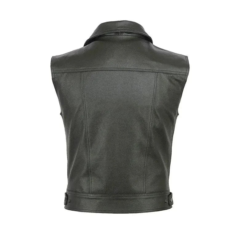 aesido Solid Color Zipper Faux Leather Vest Lapel Motorcycle Punk Sleeveless Jacket
