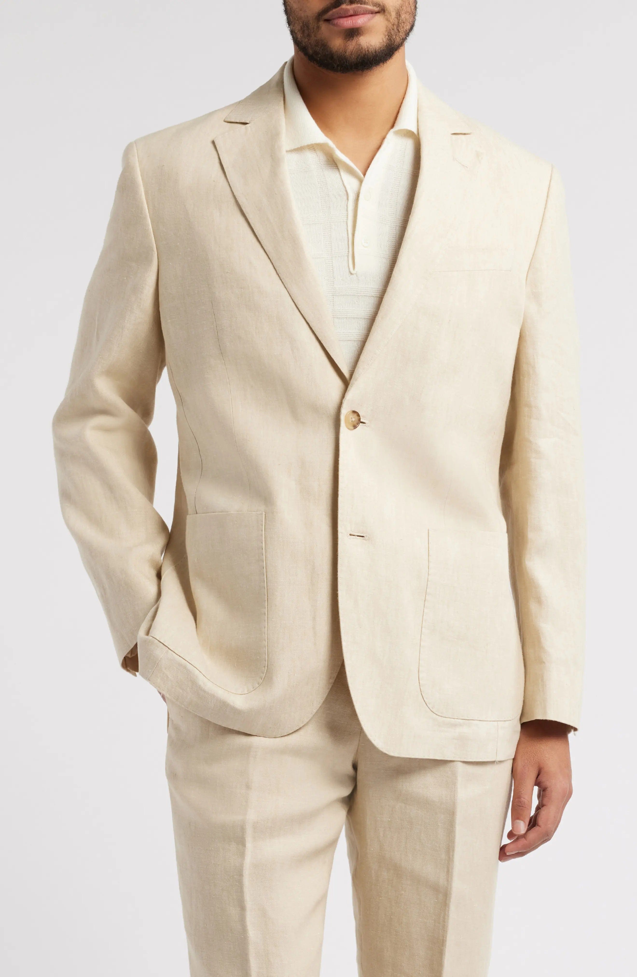 aesido Summer Beige 2 Piece Linen Double Button Business Casual Men Suit (Blazer+Pants)