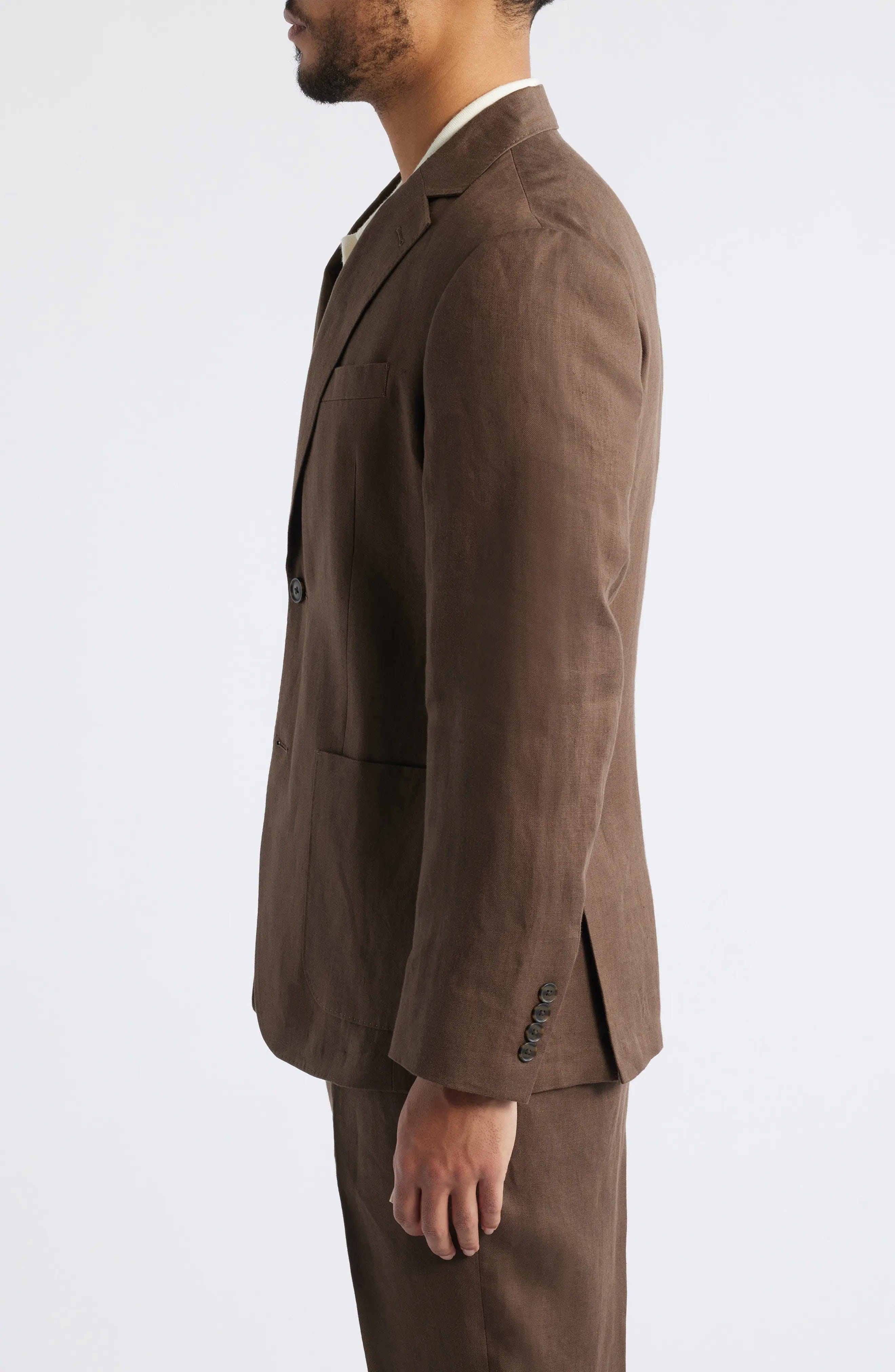 aesido Summer Brown 2 Piece Linen Double Button Business Casual Men Suit (Blazer+Pants)