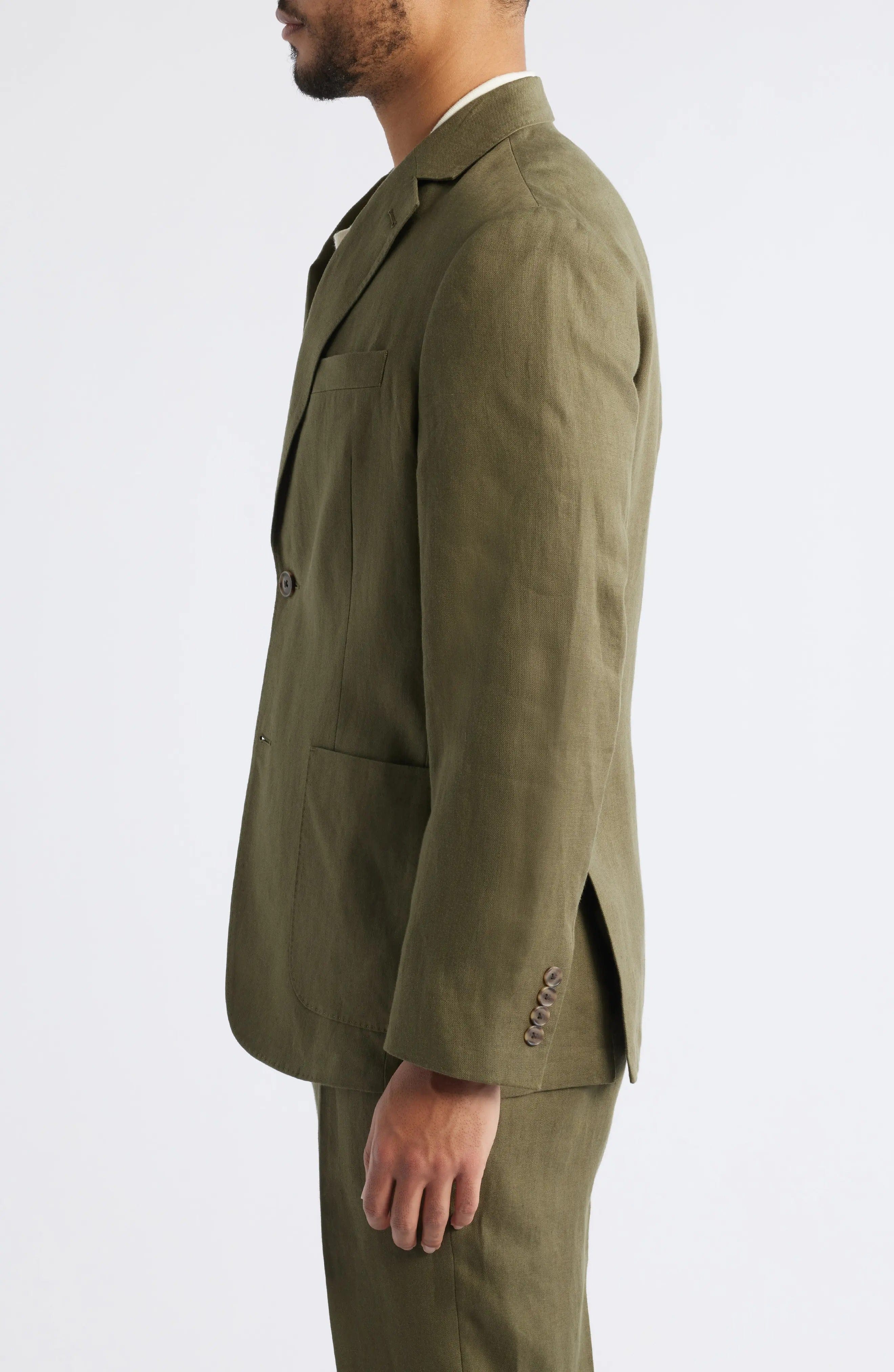 aesido Summer Olive Green 2 Piece Linen Double Button Business Casual Men Suit (Blazer+Pants)