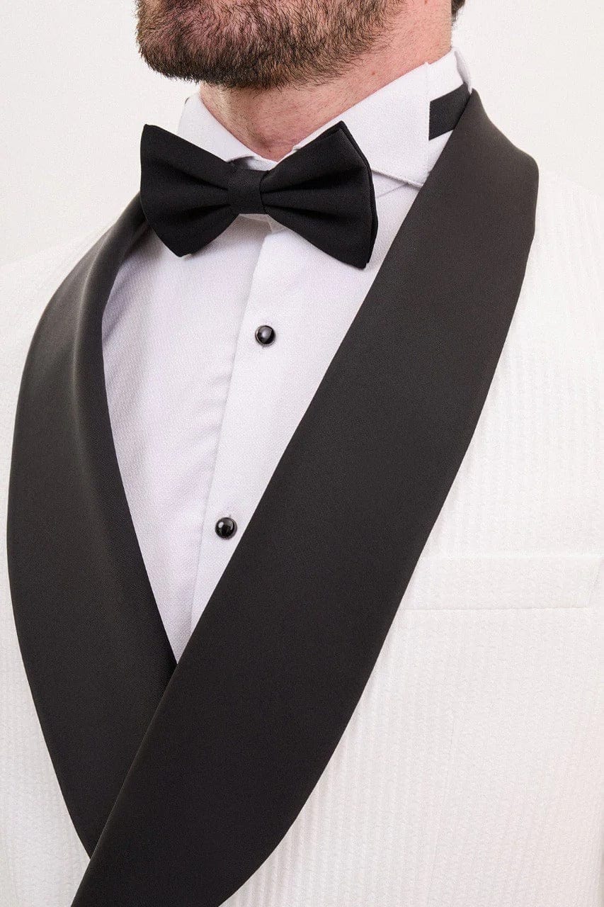 aesido White Men’s Single Button Tuxedo Suit with Black Satin Shawl Lapel and Black Pants