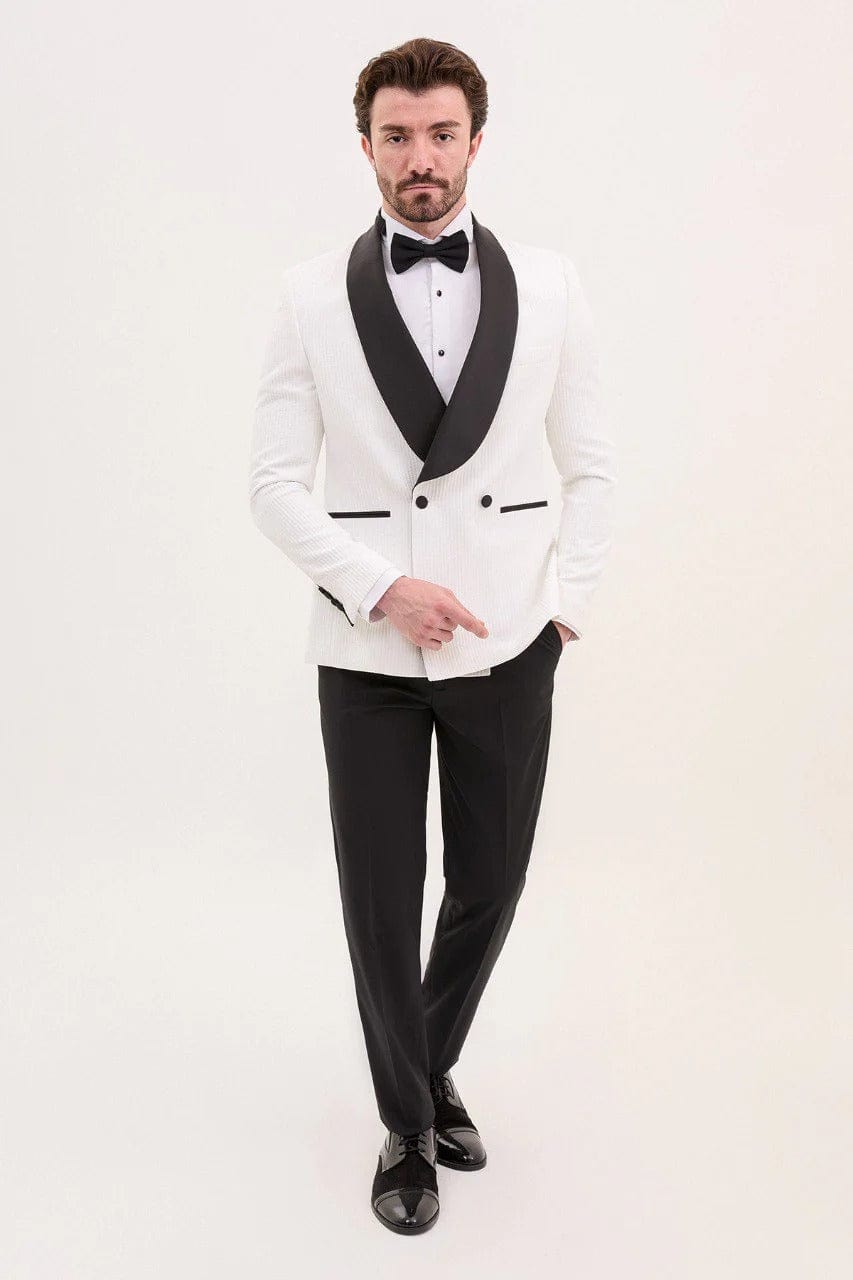 aesido White Men’s Single Button Tuxedo Suit with Black Satin Shawl Lapel and Black Pants