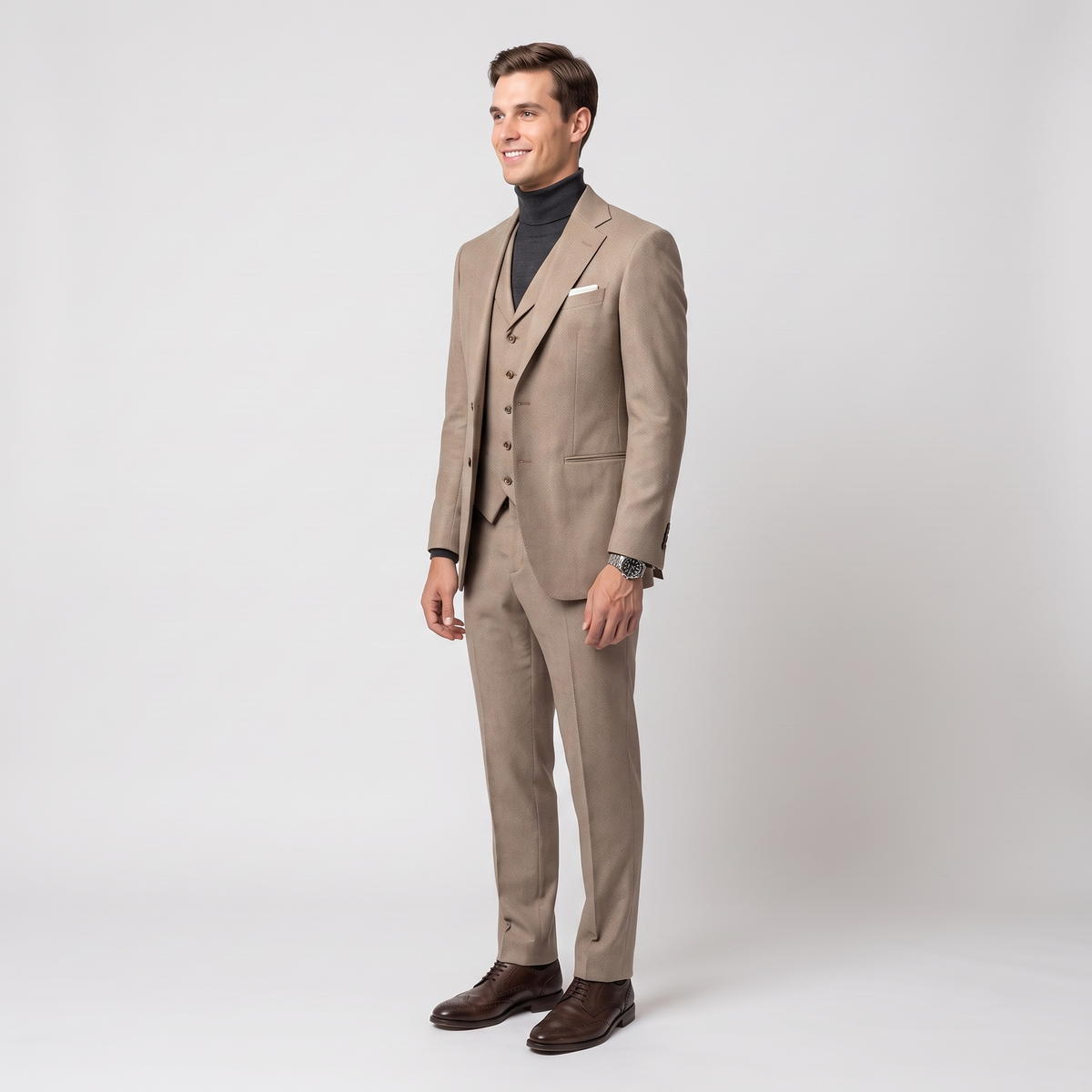 Aesido Khaki 3 Pieces Business Casual Slim Fit Tweed Men's Suit For Wedding (Blazer Vest+Pants)