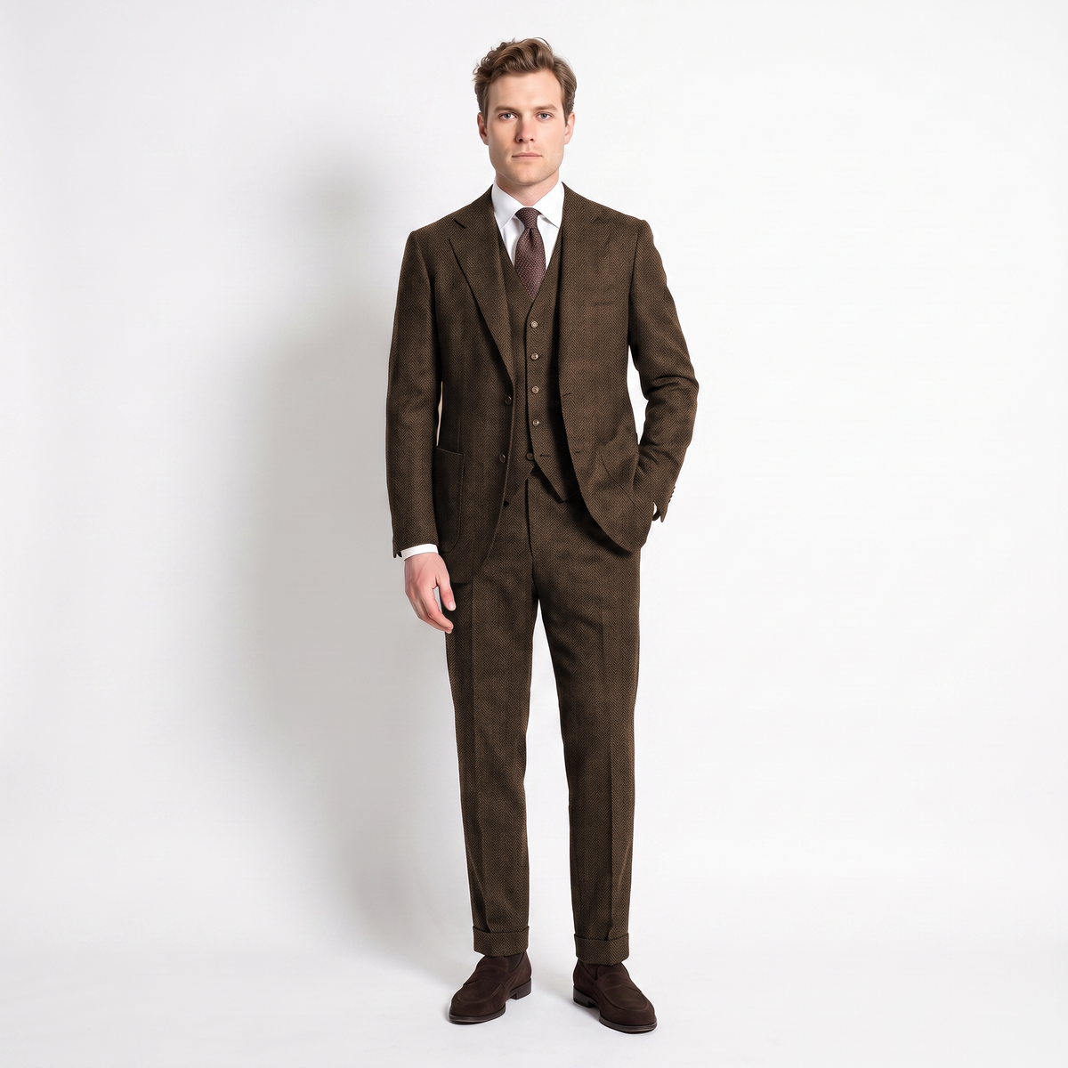 Aesido 3 Pieces Men's Suit Herringbone Notch Lapel Suits (Blazer+Vest+Pants)