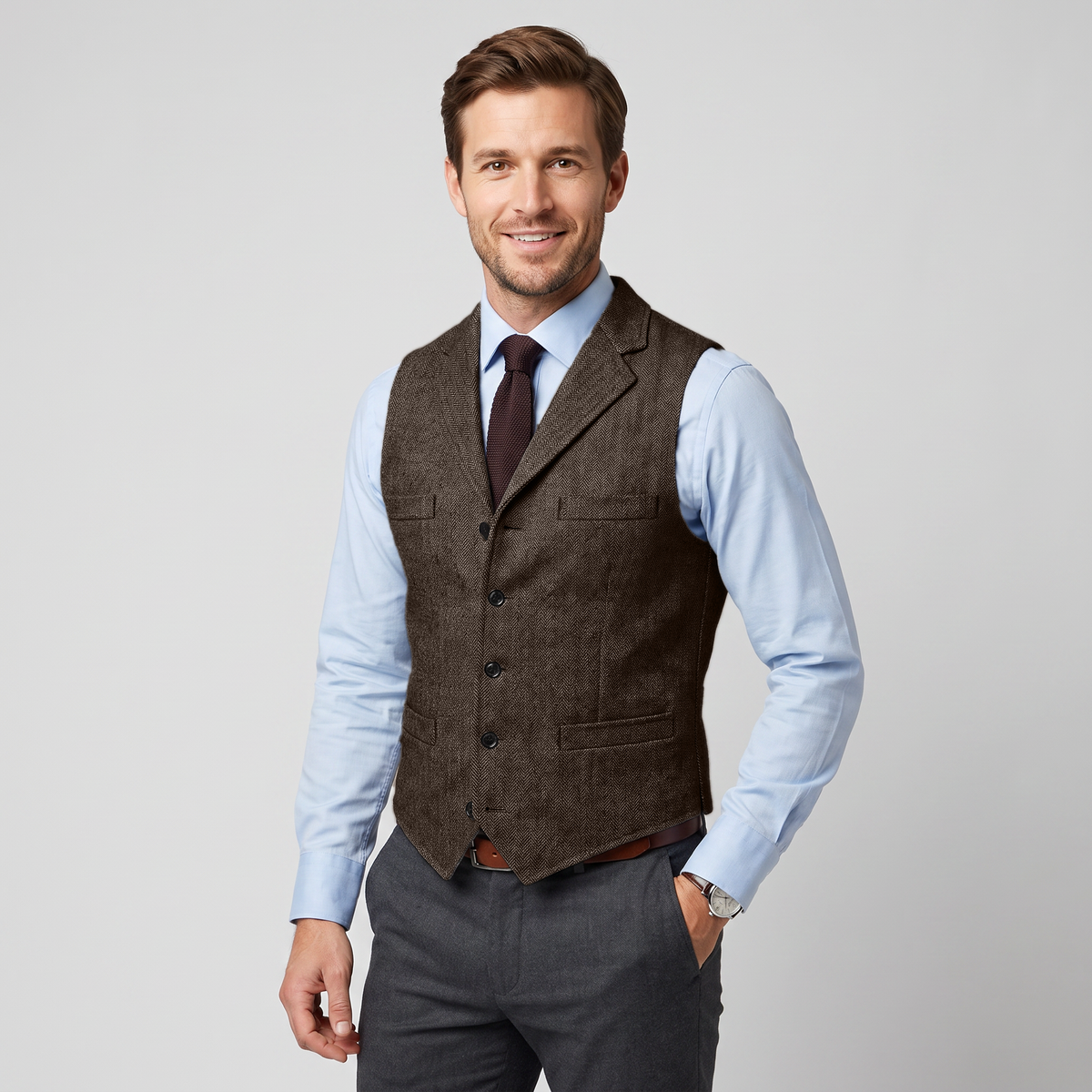 Aesido Business Men's Herringbone Notch Lapel Waistcoat