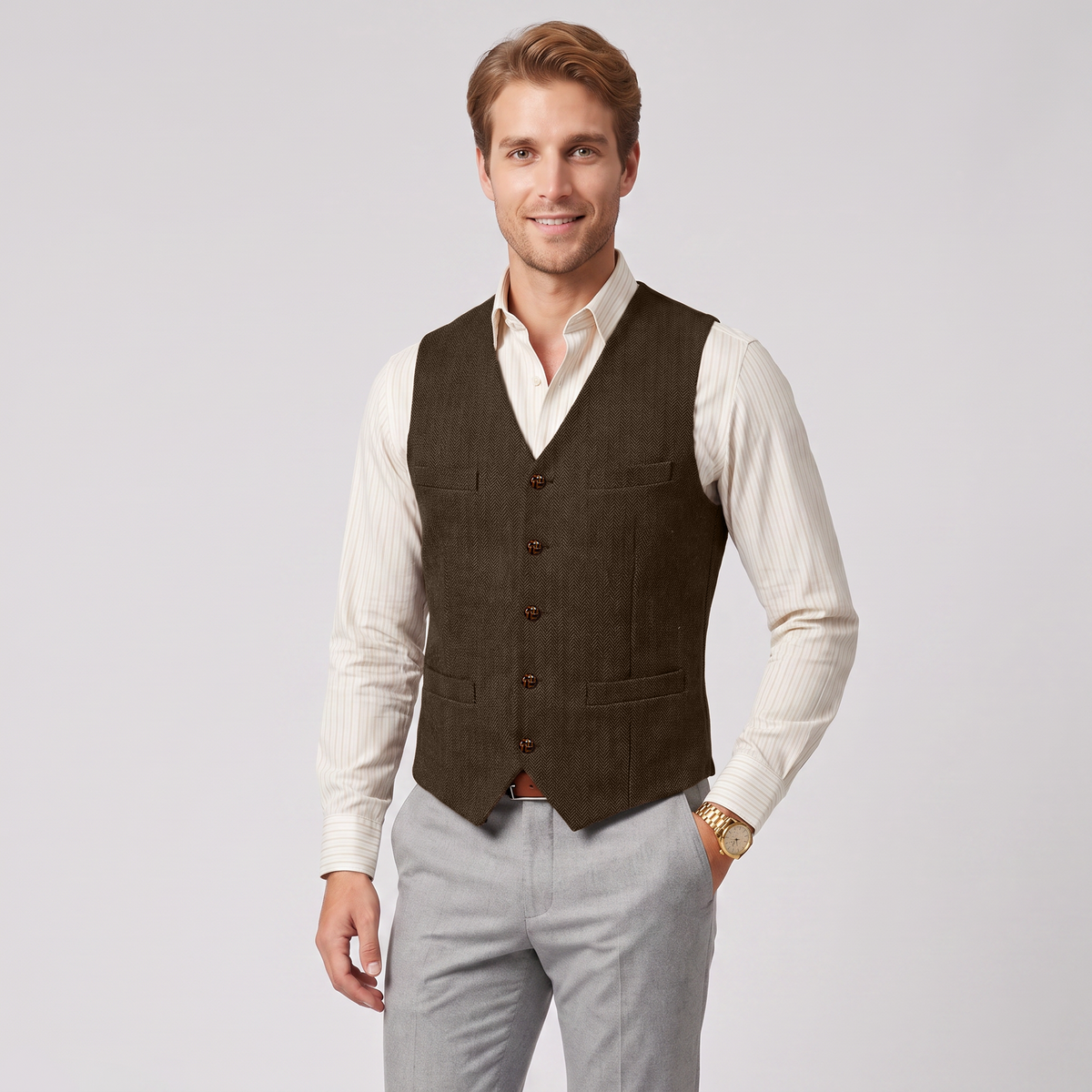 Aesido Casual Single Breasted V Neck Herringbone Men's Vest
