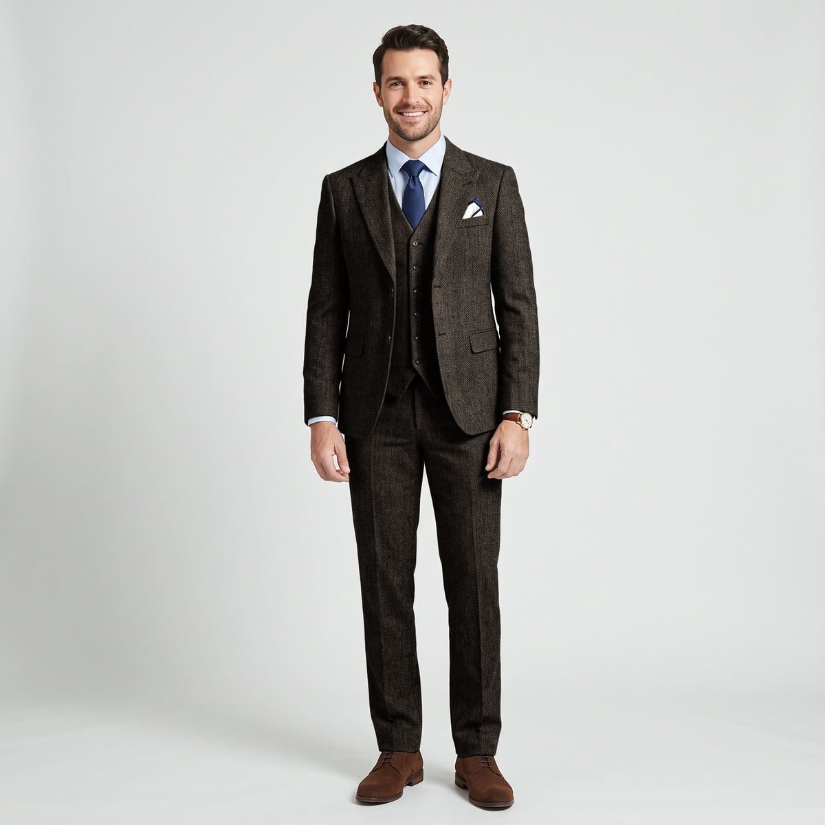 Aesido 3 Pieces Business Herringbone Peak Lapel Men's Suit (Blazer+Vest+Pants)
