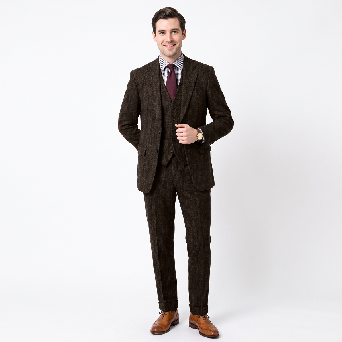Aesido Men's Business 3 Pieces Herringbone Notch Lapel Suit（Blazer+Vest+Pants）
