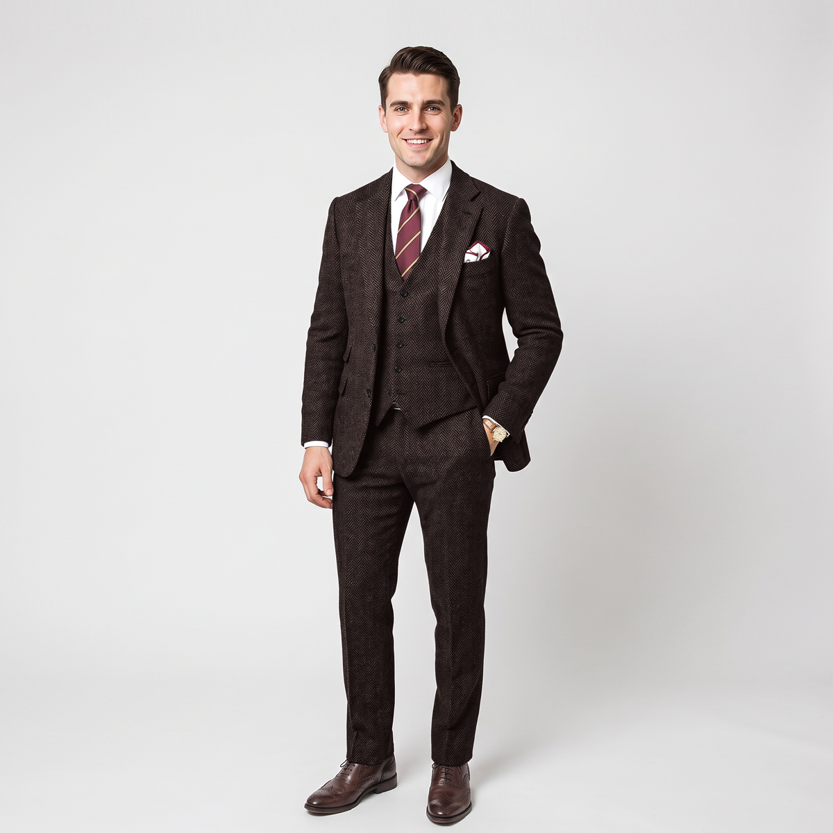 Aesido Vintage 3 Pieces Men's Suit Herringbone Notch Lapel Tuxedos (Blazer+vest+Pants)