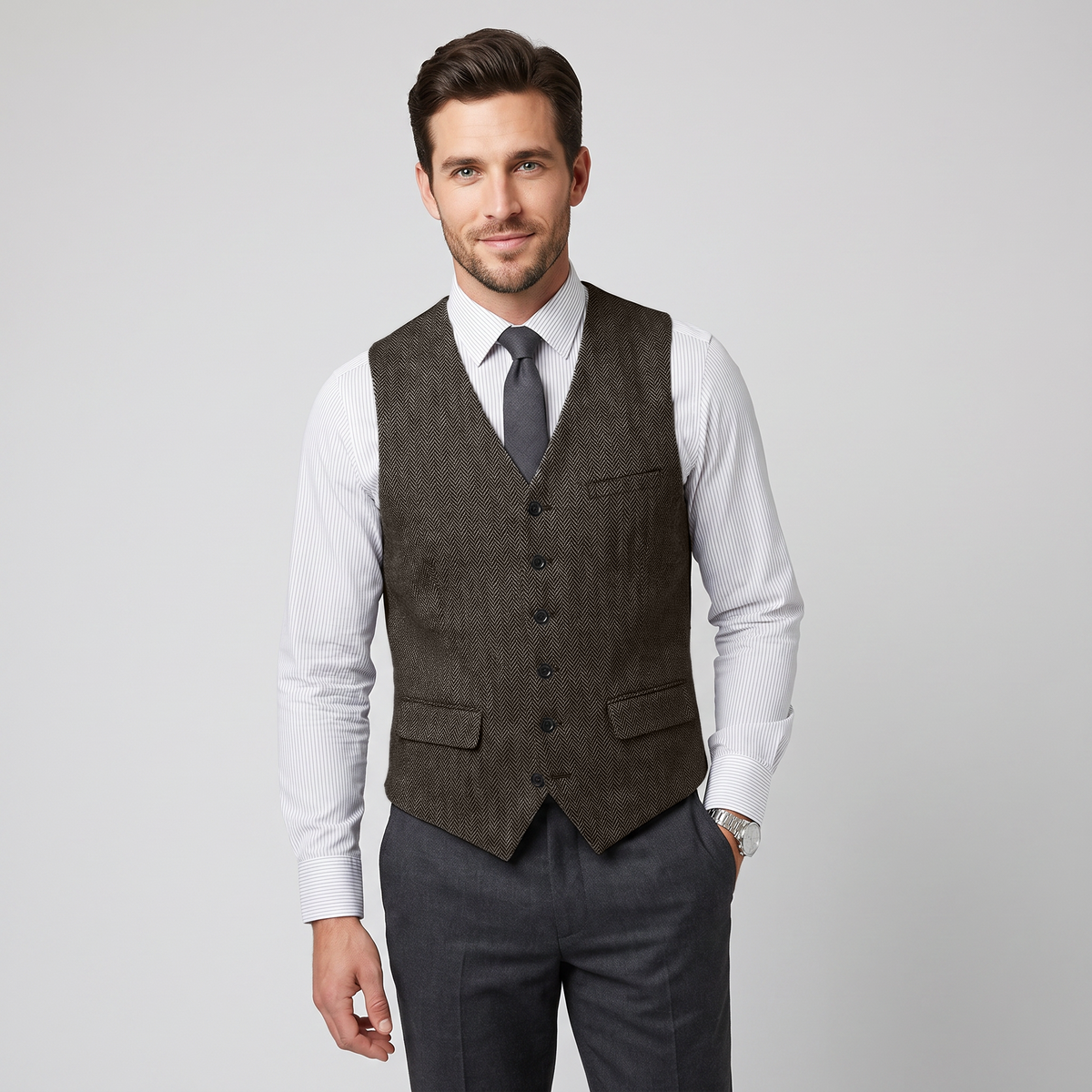 Aesido Men's Single Breasted V Neck Herringbone Waistcoat