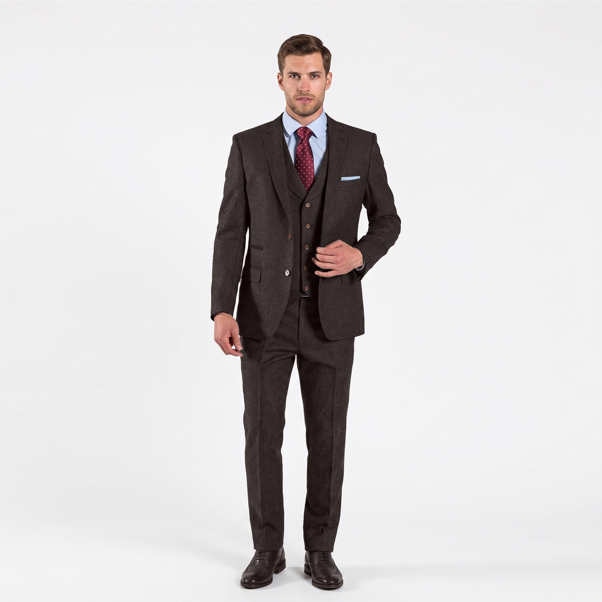 Aesido Men’s 3 Pieces Herringbone Tweed Notch Lapel Gent Suit (Blazer+Vest+Pants)