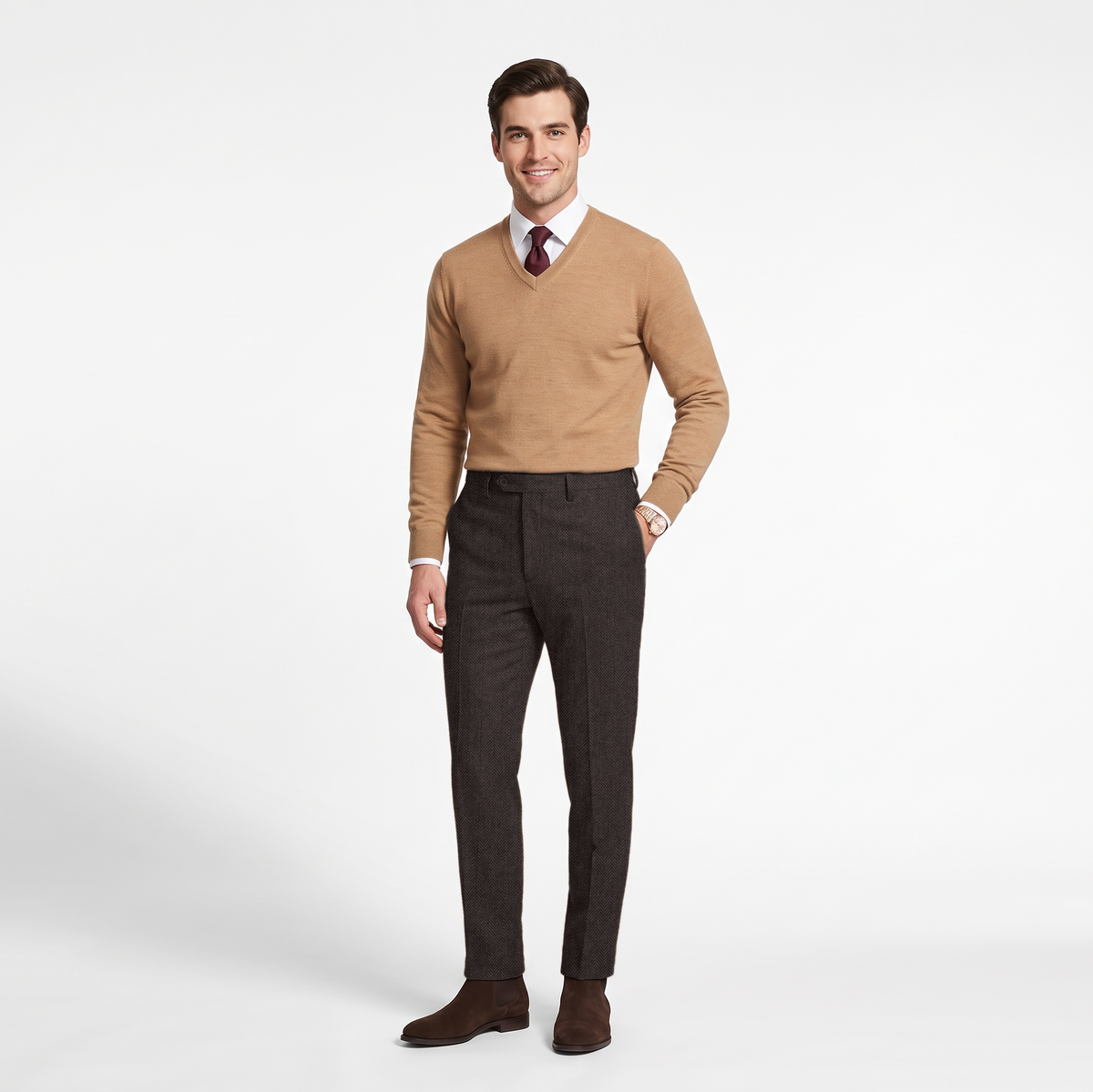 Aesido Men's Retro Pants Herringbone Tweed Trousers