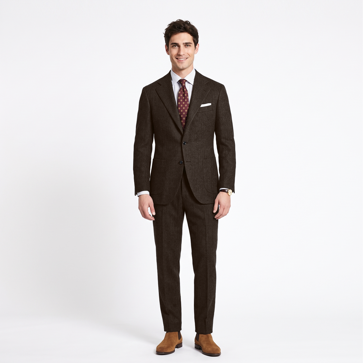 Aesido 2 Pieces Notch Lapel Herringbone Tweed Men's Suit (Blazer+Pants)