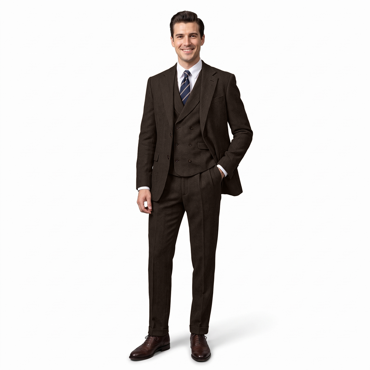 Aesido Men's Suit 3 Pieces Herringbone Notch Lapel Suit（Blazer+Vest+Pants）